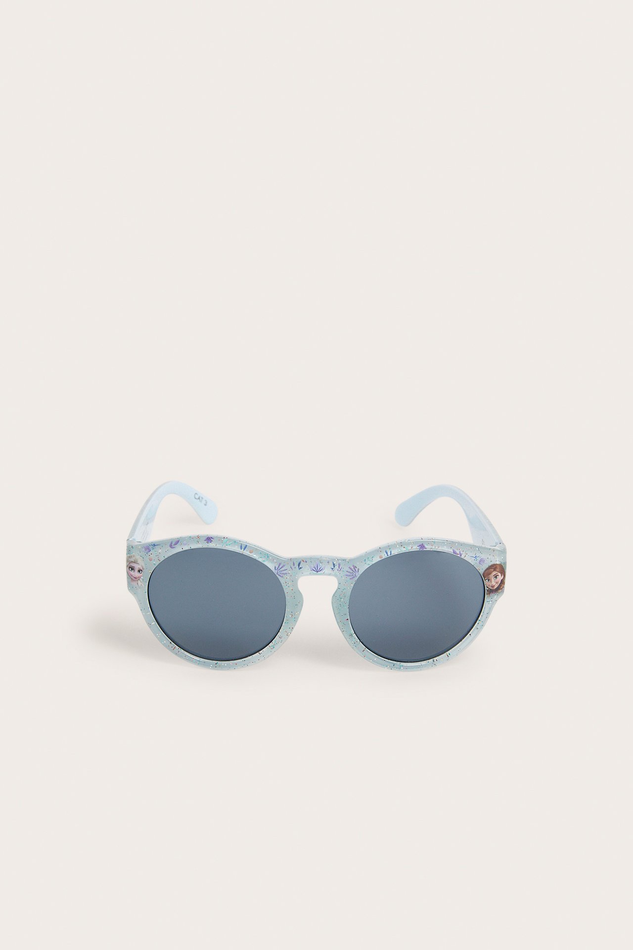 Z przodu: Jasnoniebieskie plastikowe okulary dziecięce z okrągłymi oprawkami i wzorem Frozen.