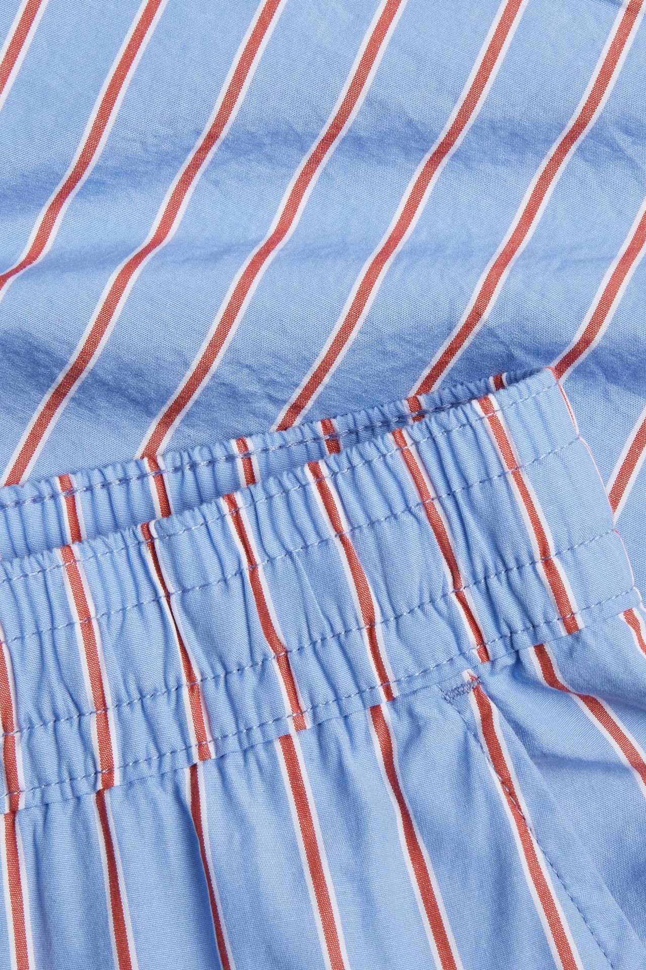 Närbild av blå bomullspoplinshorts för herr med röd-vita ränder och resårlinning.