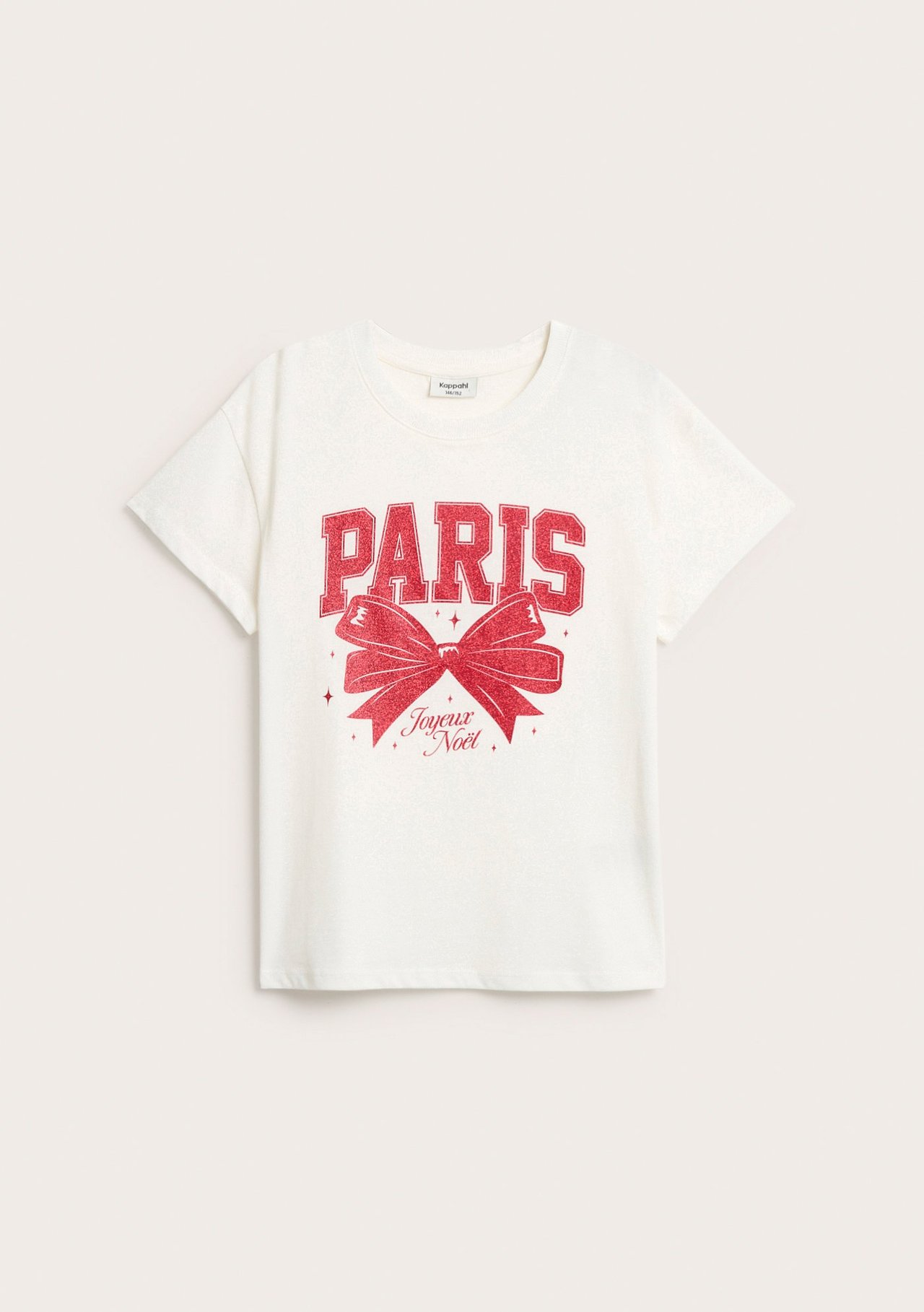 Framsida: Vit t-shirt i bomull för barn med rött glittrigt 'PARIS' och 'Joyeux Noël'-rosetttryck.