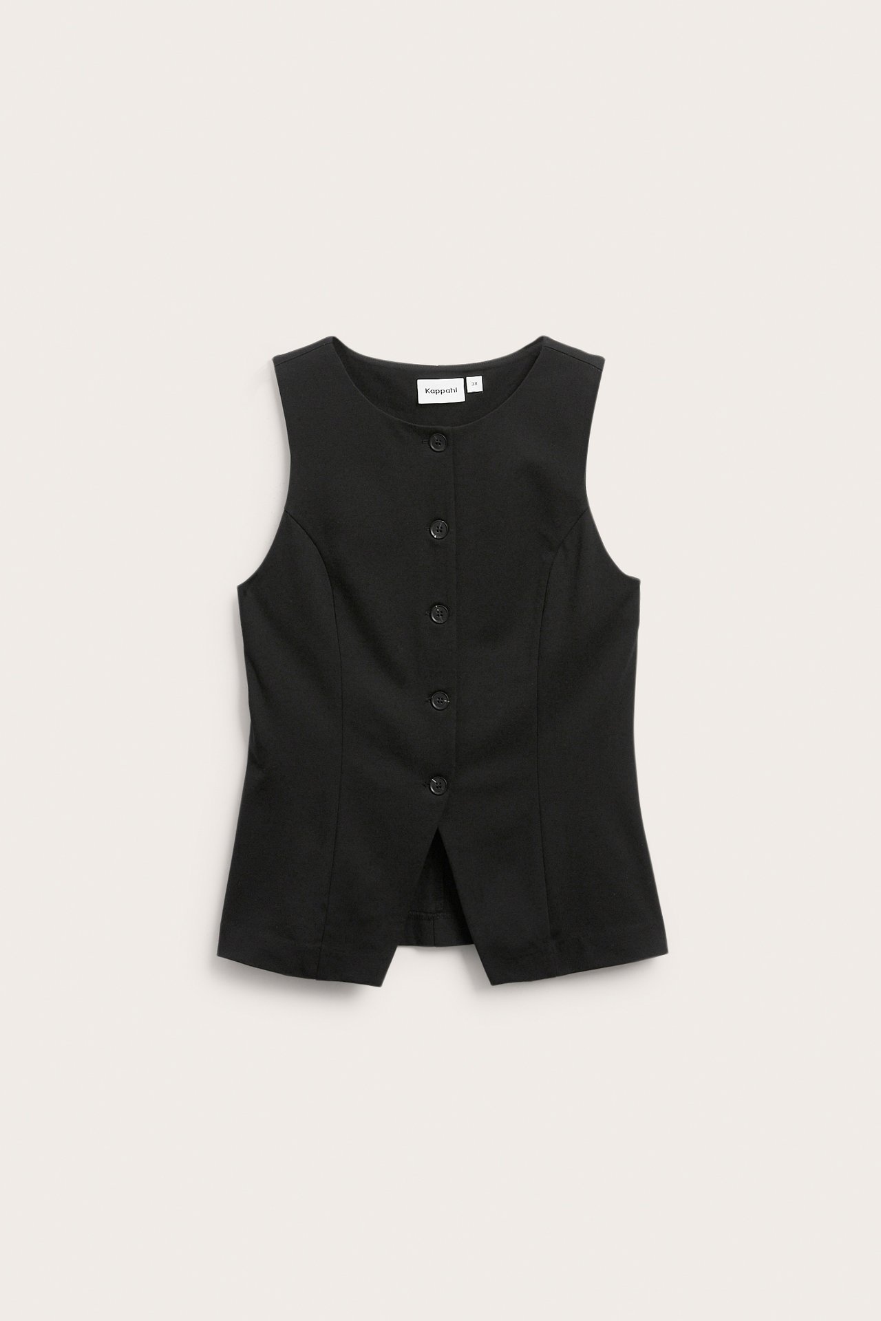 Frontvy av en figursydd svart enfärgad väst med knappar framtill.