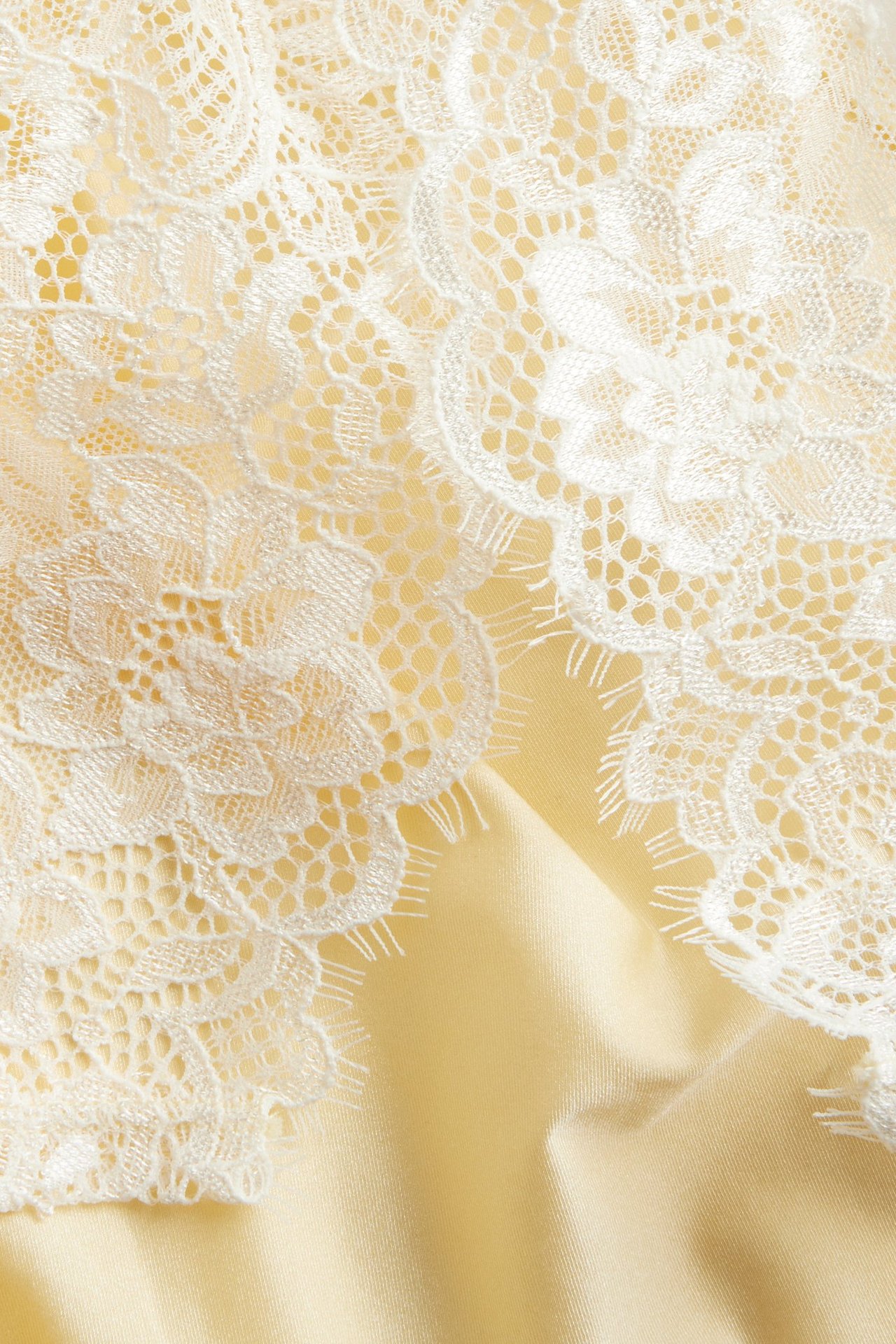 Närbild av ljusgula microshorts med vit blommönstrad spetskant.
