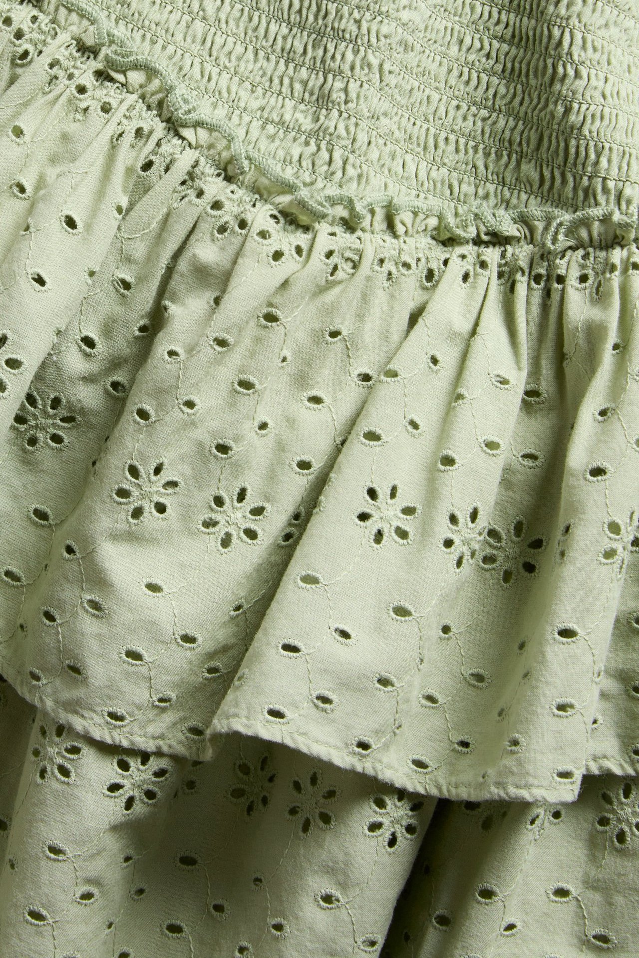 Lähikuva tummanvihreästä lyhyestä hameesta, jossa broderie anglaise, smokkirypytys ja röyhelöt.