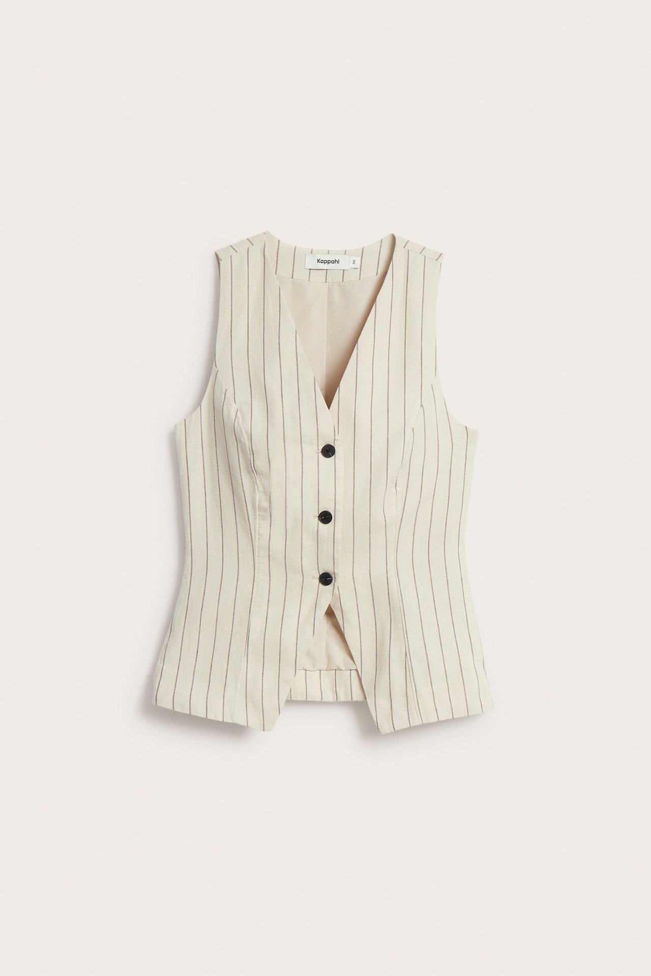 Edestä kuvattu kapealinjainen luonnonvalkoinen pellavasekoite liivi ohuilla raidoilla ja mustilla napeilla.