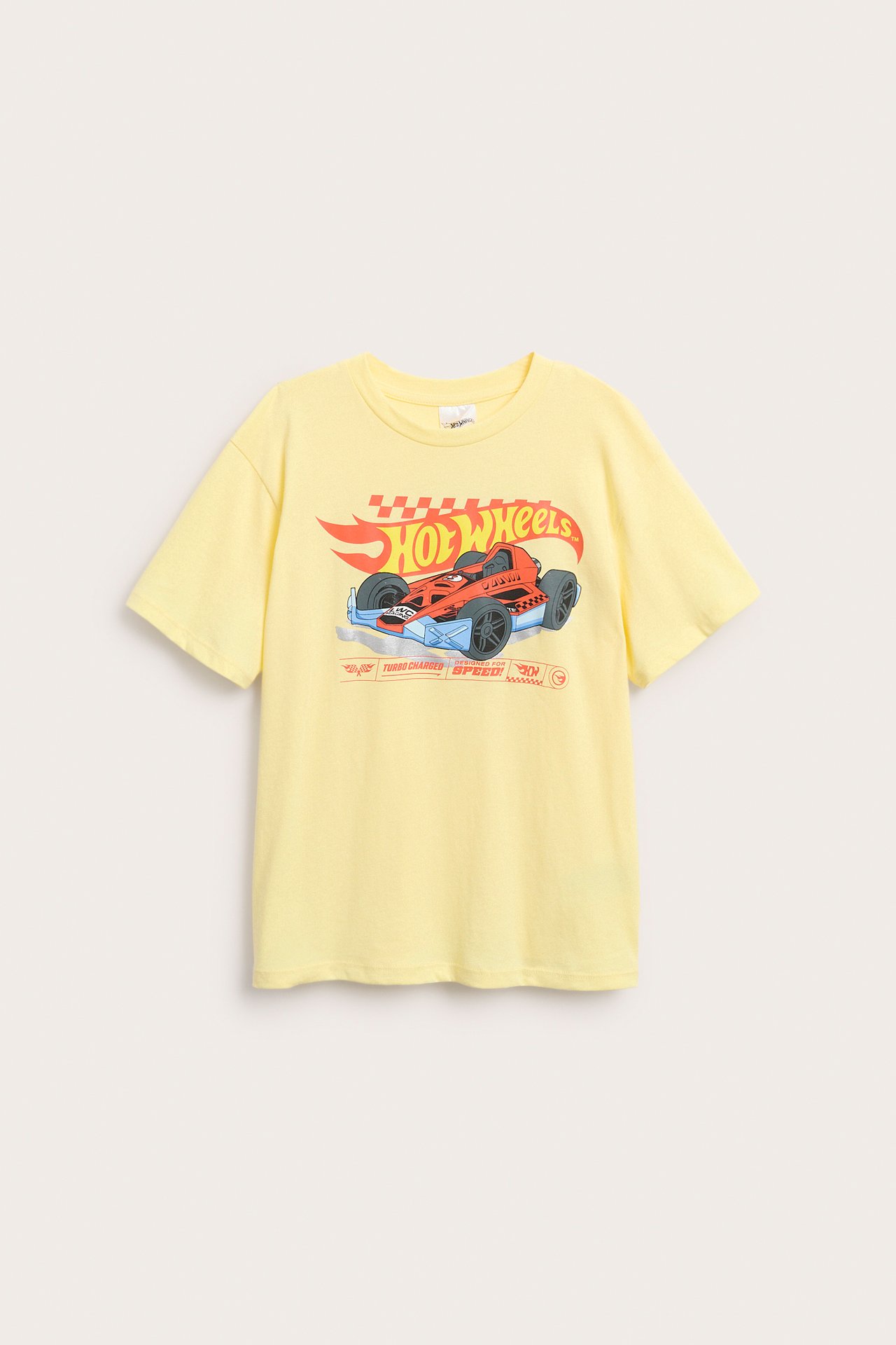 Widok z przodu: żółty bawełniany T-shirt dziecięcy z nadrukiem Hot Wheels.