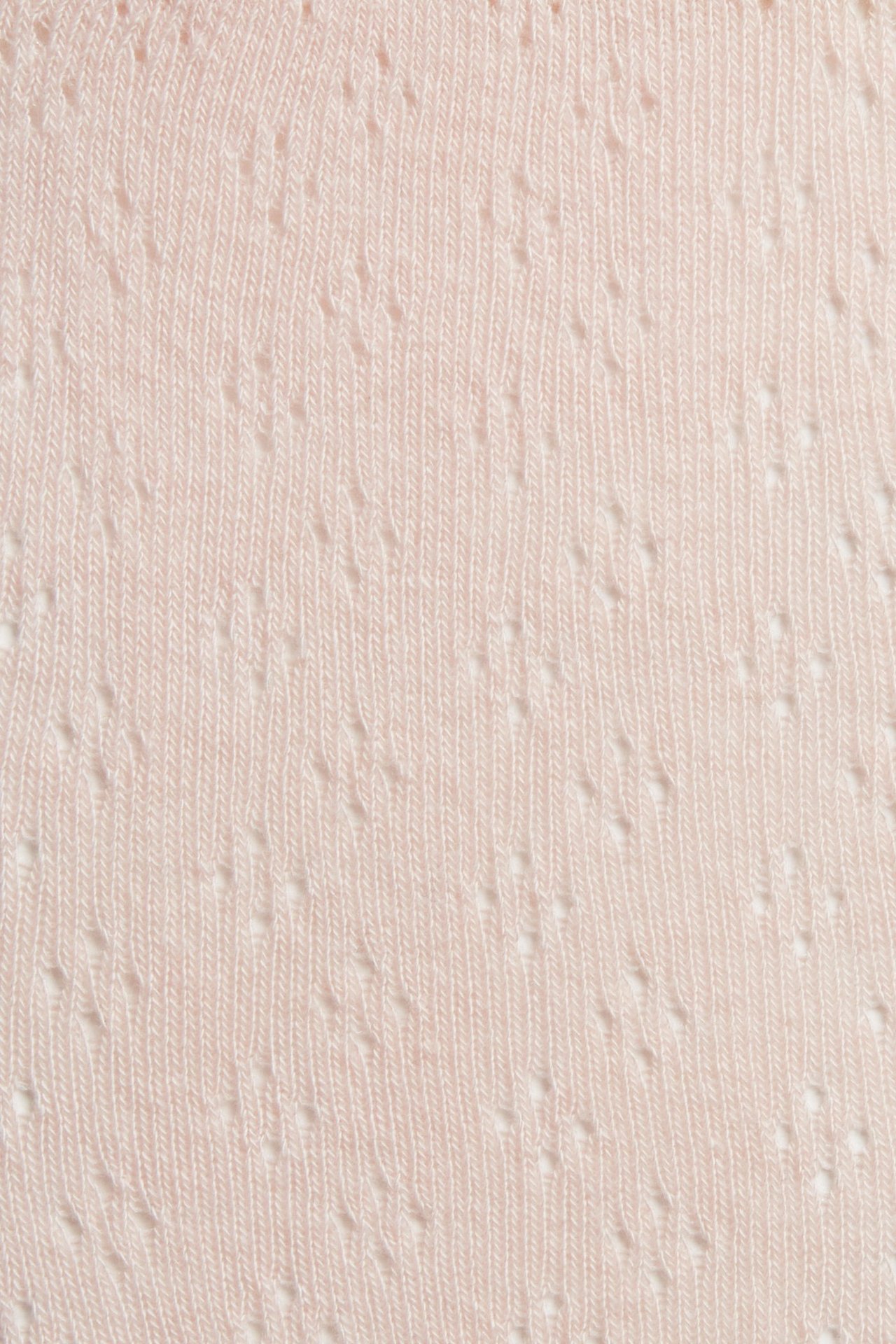 Nærbilde av lys rosa strømpebuksetøy med et delikat hullmønster.