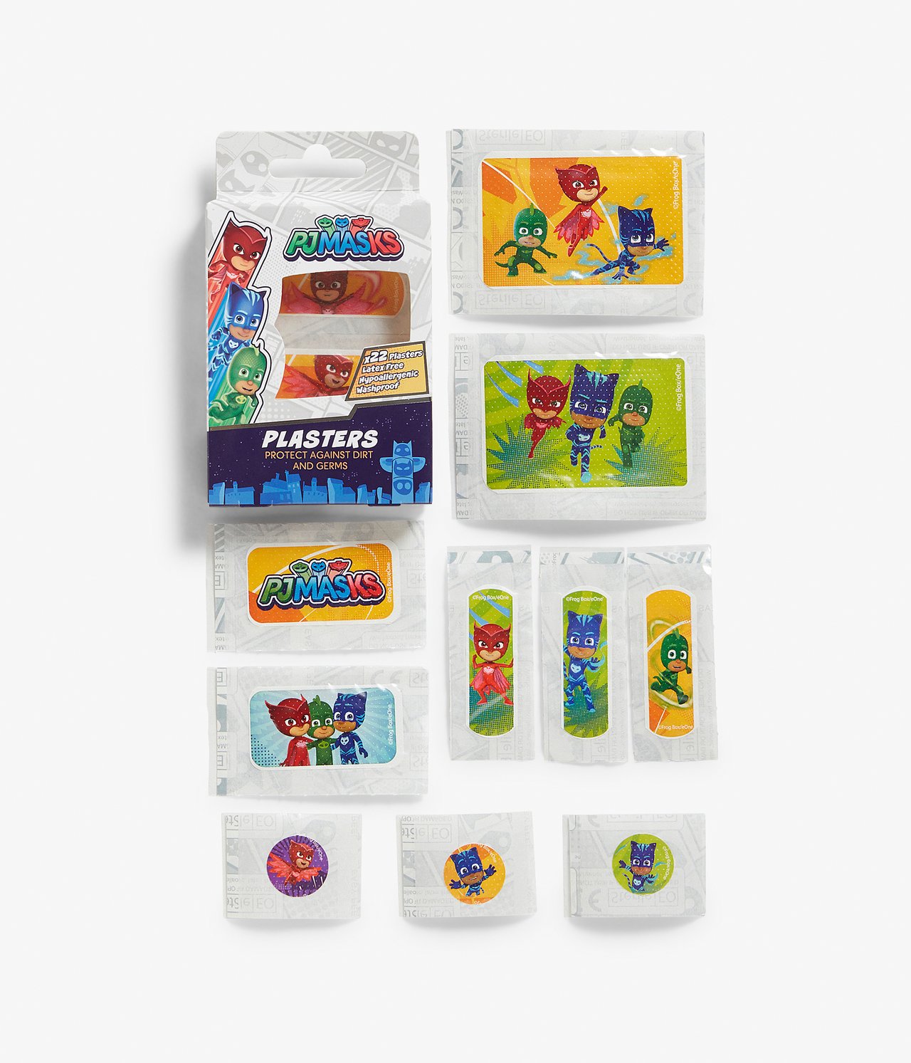 Ovanifrån: grå PJ Masks plåsterförpackning och flera mönstrade plåster i olika storlekar.