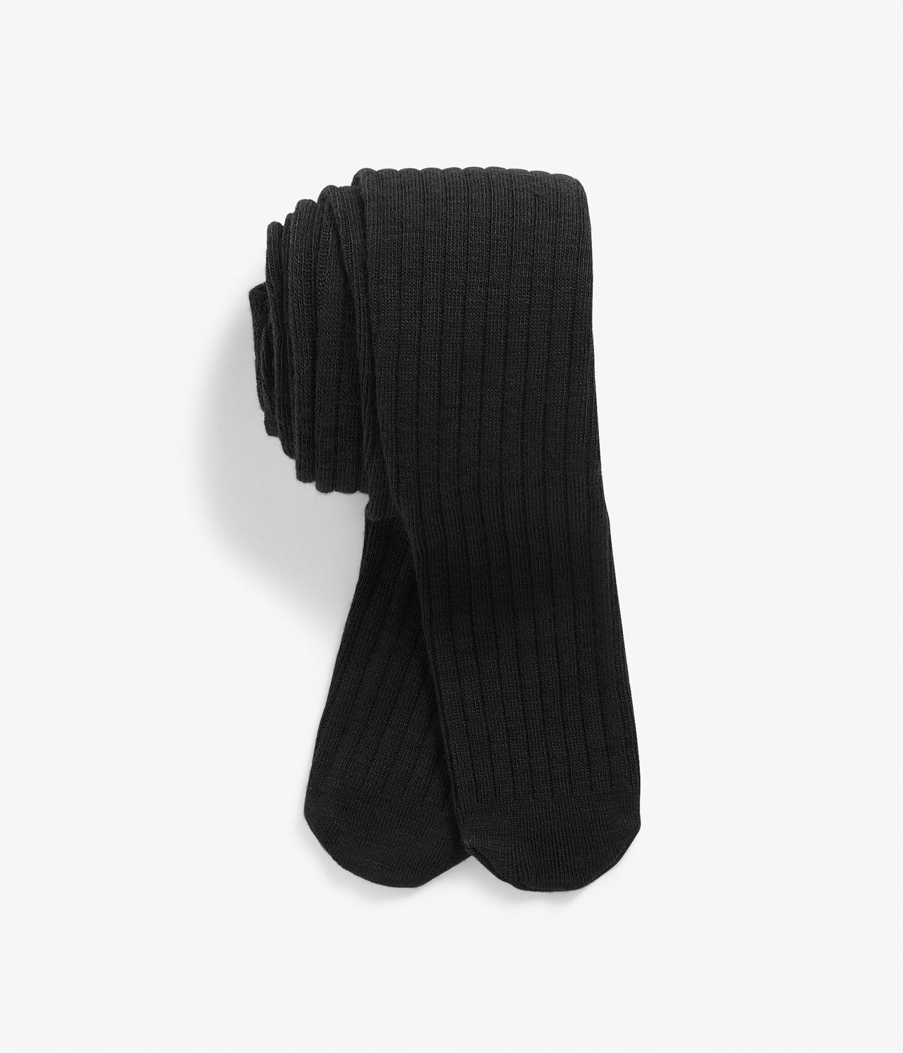 Widok z przodu złożonych czarnych rajstop z prążkowanej dzianiny z mieszanki wełny.
