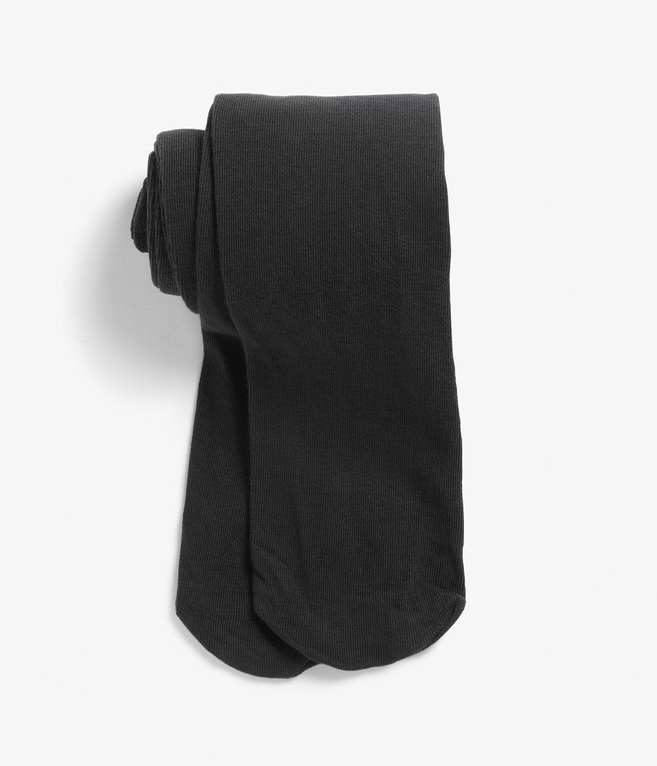 Frontvisning av et par svarte bomullsblandede strømpebukser, brettet, med ribbet tekstur.