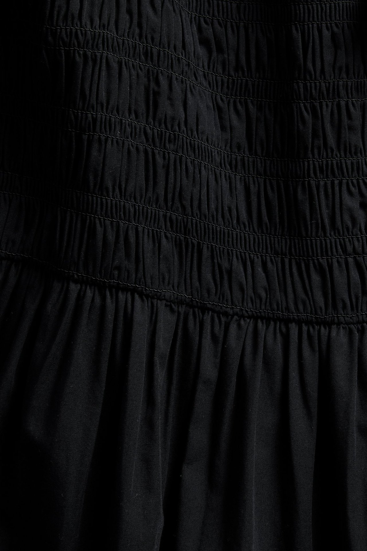 Lähikuva mustasta puuvillapopliinimekosta, jossa on vaakasuora smock-yksityiskohta ja laskostettu helma.