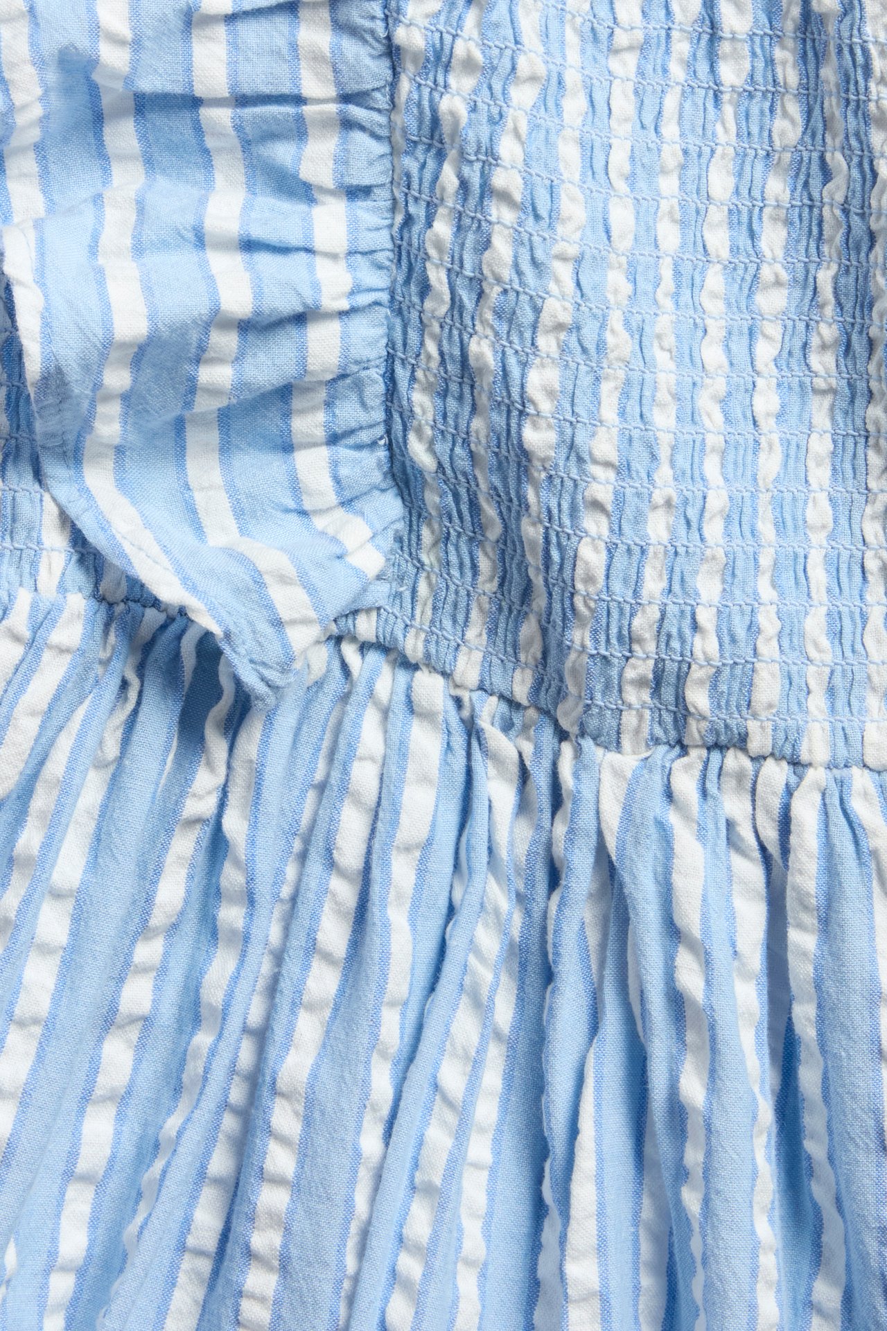 Lähikuva vaaleansinisestä ja valkoisesta raidallisesta seersucker-mekosta smokkirypytyksellä ja röyhelöllä.