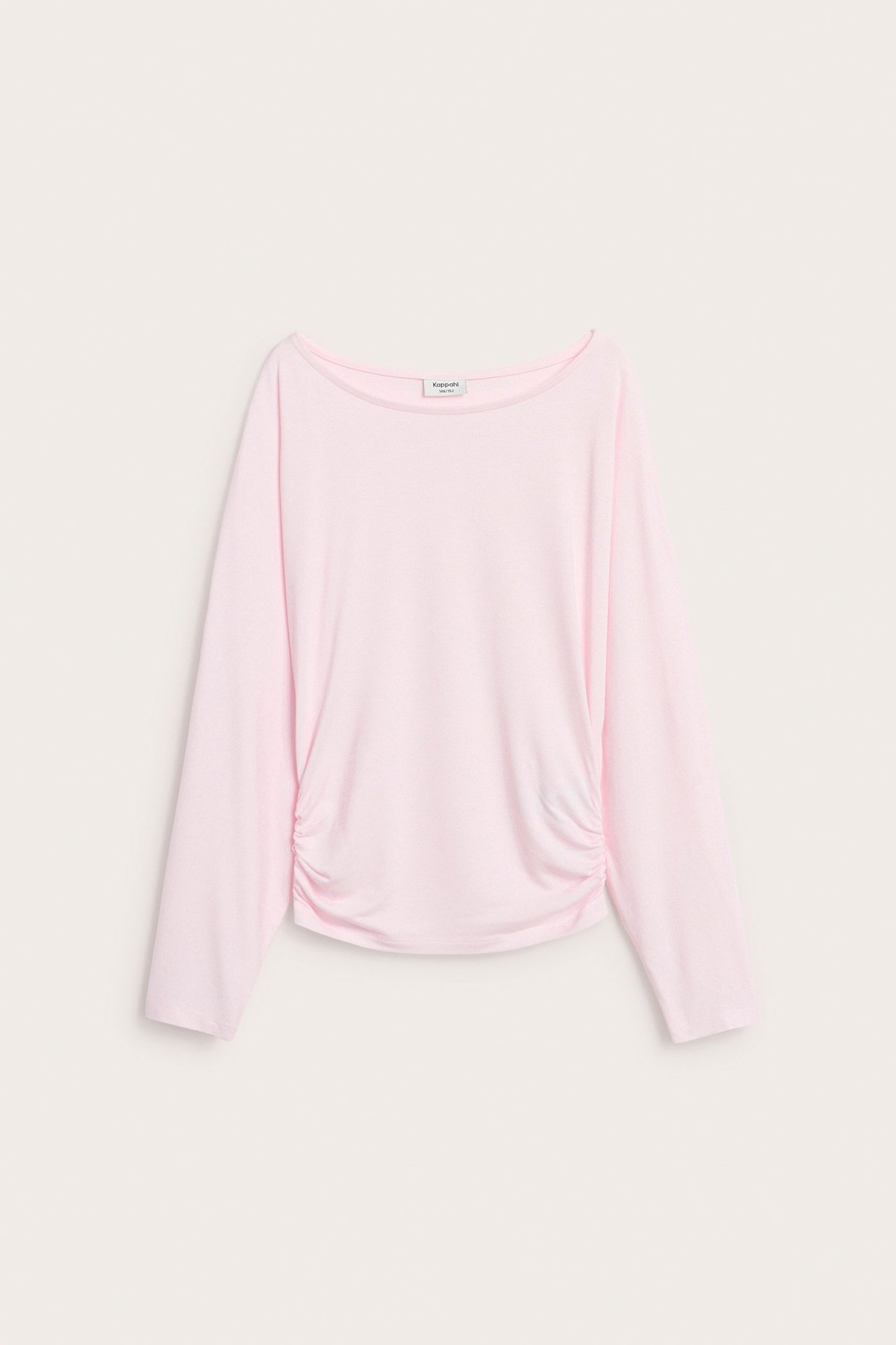 Ljusrosa långärmad topp med fjärilsärm, randig kropp, rund hals och rak passform.