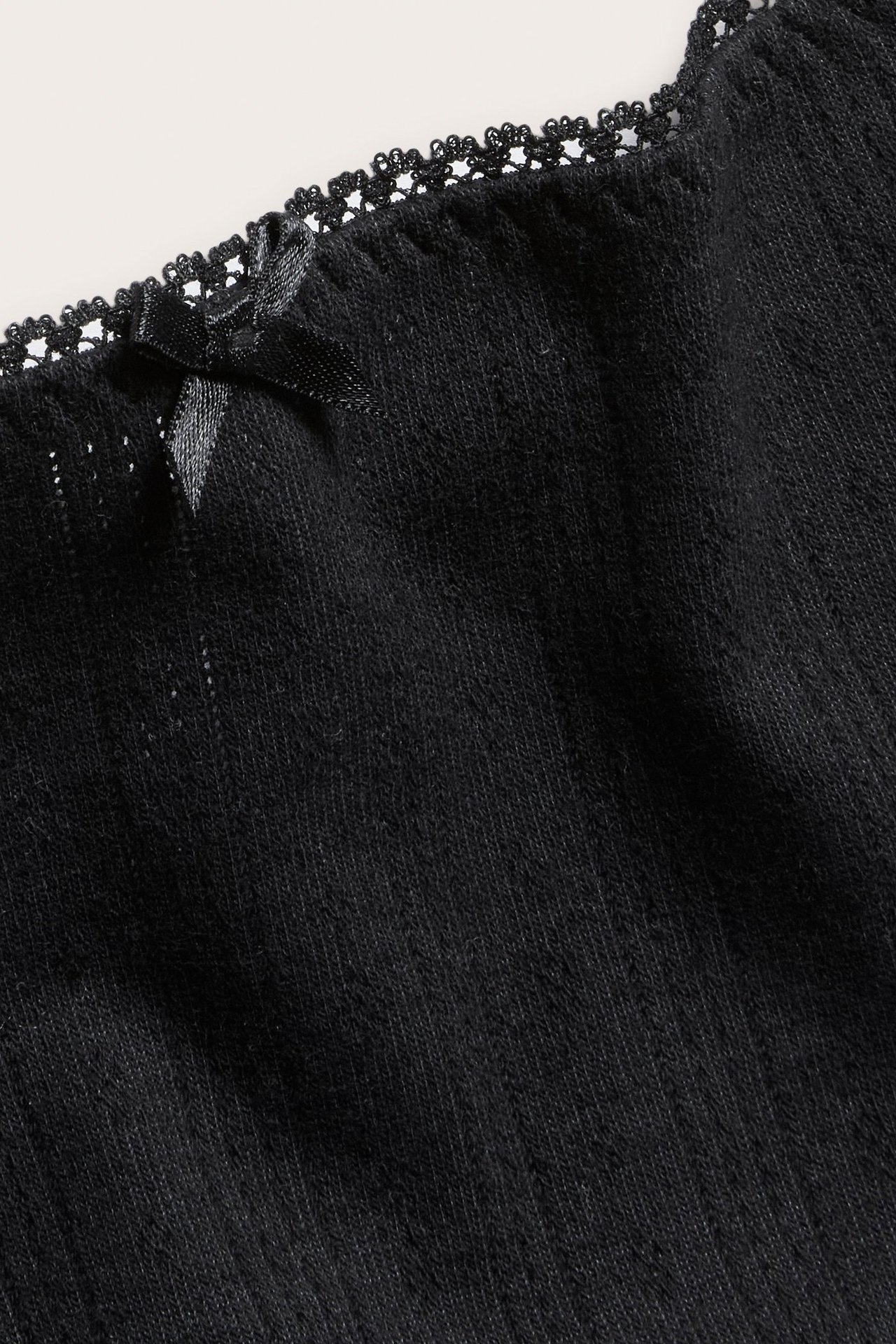 Nærbilde av en svart pointelle stringtruse med liten svart sløyfe og blondekant.