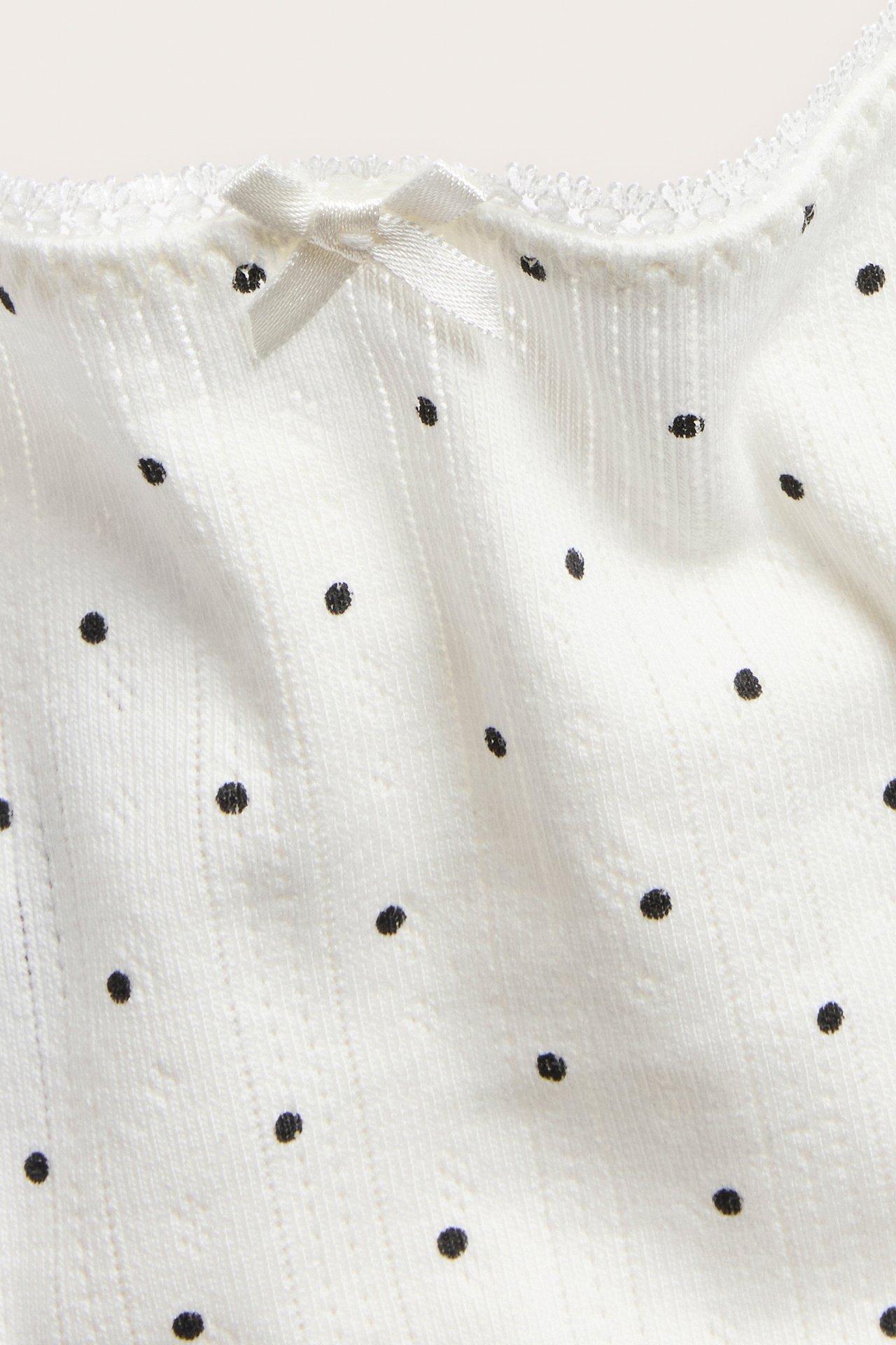 Nærbilde av offwhite pointelle stringtruse med svarte prikker, liten sløyfe og blondekant.