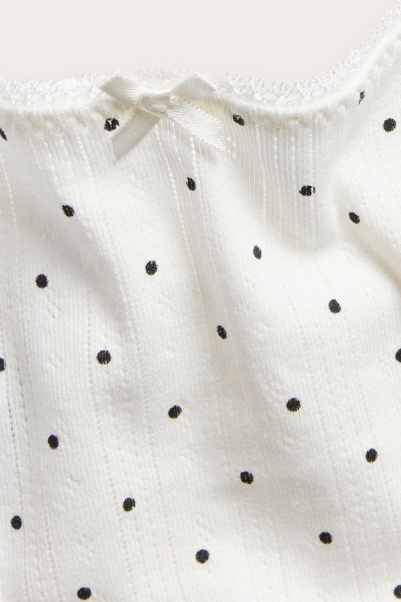 Nærbilde av offwhite pointelle stringtruse med svarte prikker, liten sløyfe og blondekant.