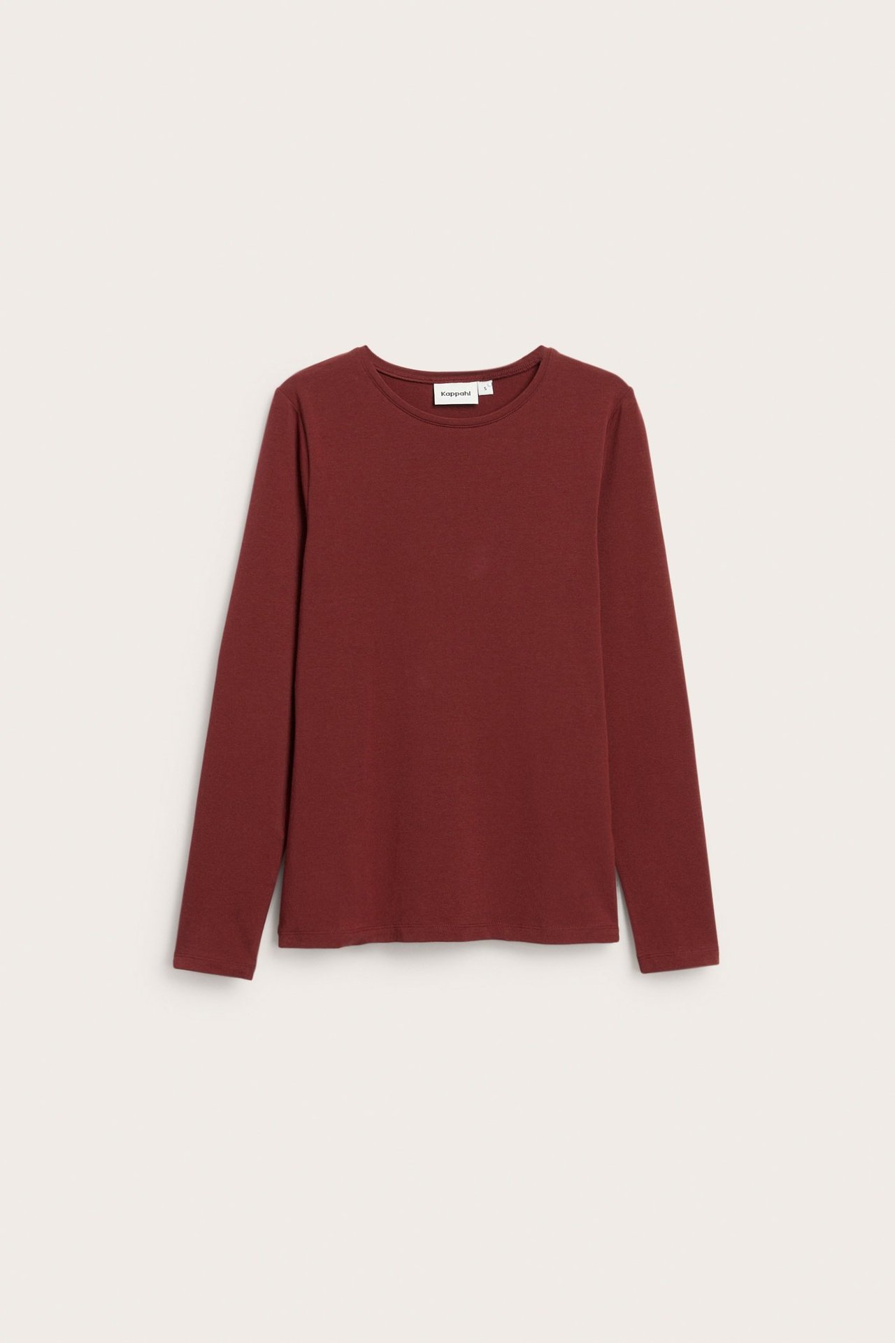 Rød langermet bomulls- og elastan-topp med rund hals, frontbilde.