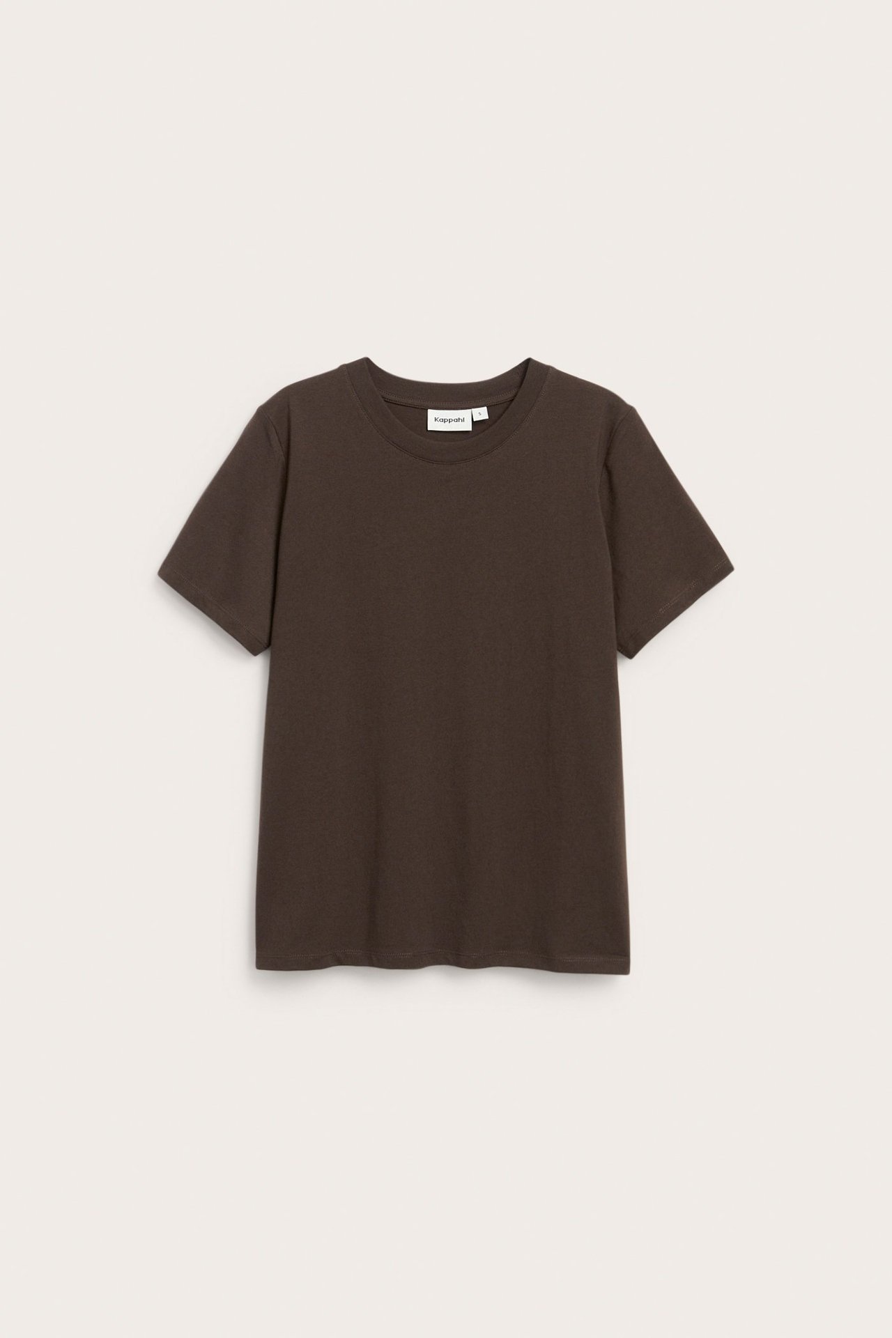 Ciemnobrązowy T-shirt dla kobiety, prosty krój, jednolity, bawełna 100%, przedni widok.