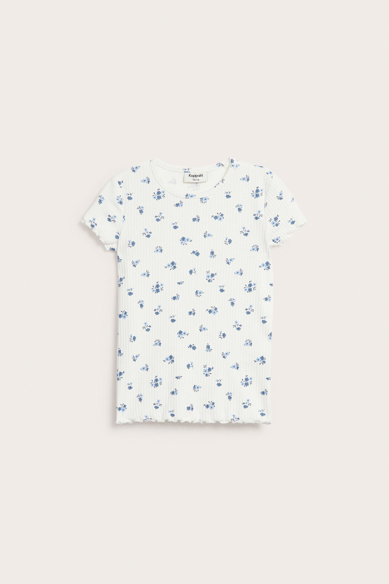 Przedni widok białawego, prążkowanego topu dziecięcego z krótkim rękawem, w niebieskie kwiaty i ściegi babylock.