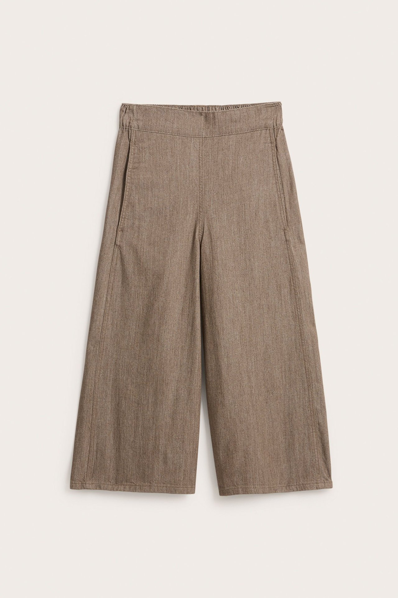 Forfra brune melert bomull pull-on culotte-jeans med elastisk linning og sidelommer.