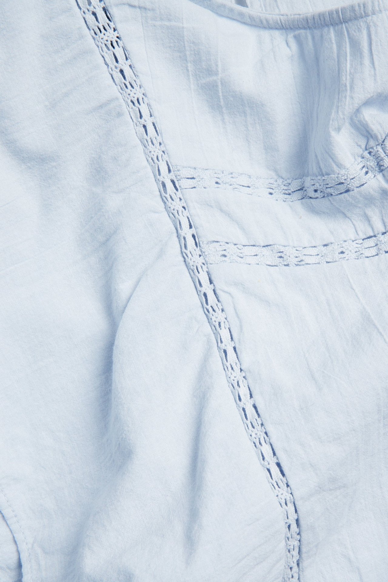 Zbliżenie jasnoniebieskiej bluzki bawełnianej z białymi koronkowymi detalami i marszczeniami.