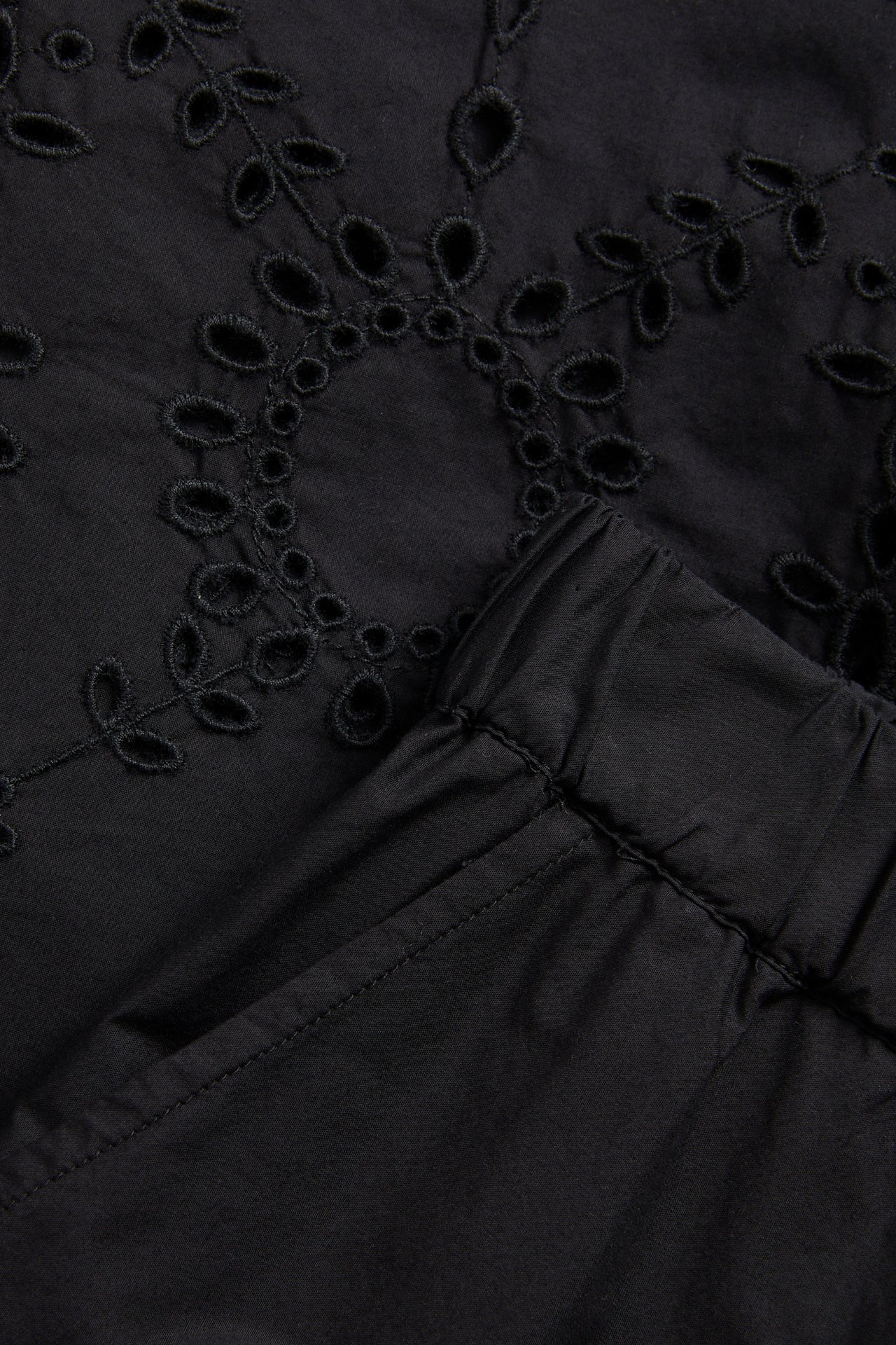 Nærbilde av svarte vide bomullspoplinbukser med broderie anglaise-kant og sidelomme.