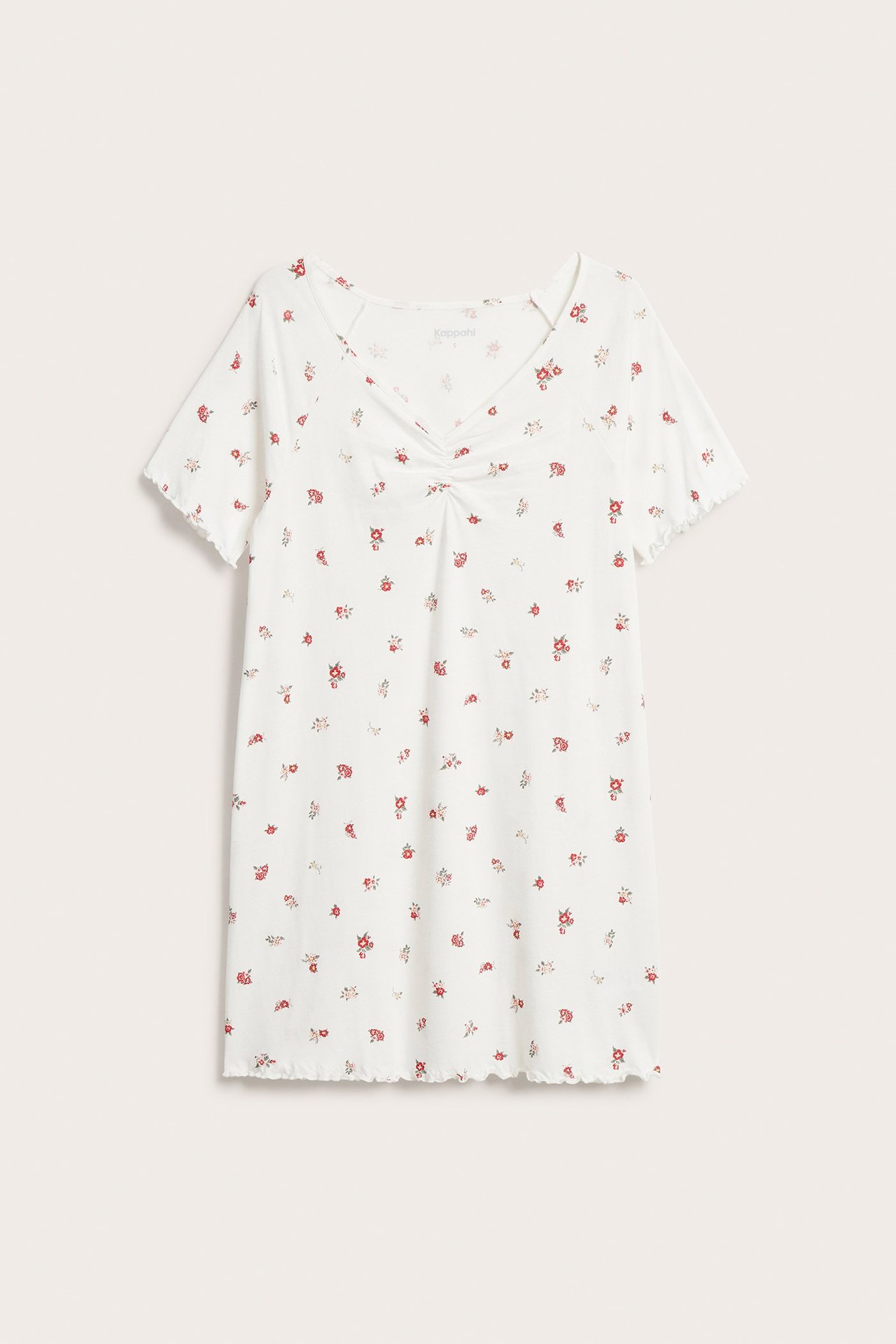 Widok z przodu: kremowa koszula nocna z dżerseju w czerwone kwiaty, krótkie rękawy, marszczony dekolt V.