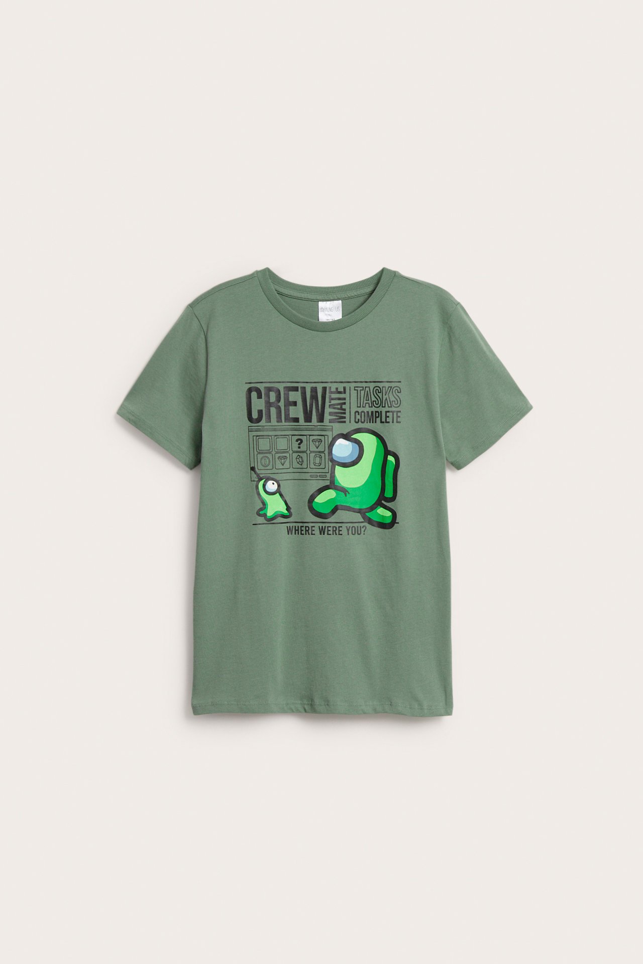 Frontvisning av en grønn bomulls-T-skjorte for barn med fargerikt Among Us-grafisk trykk.