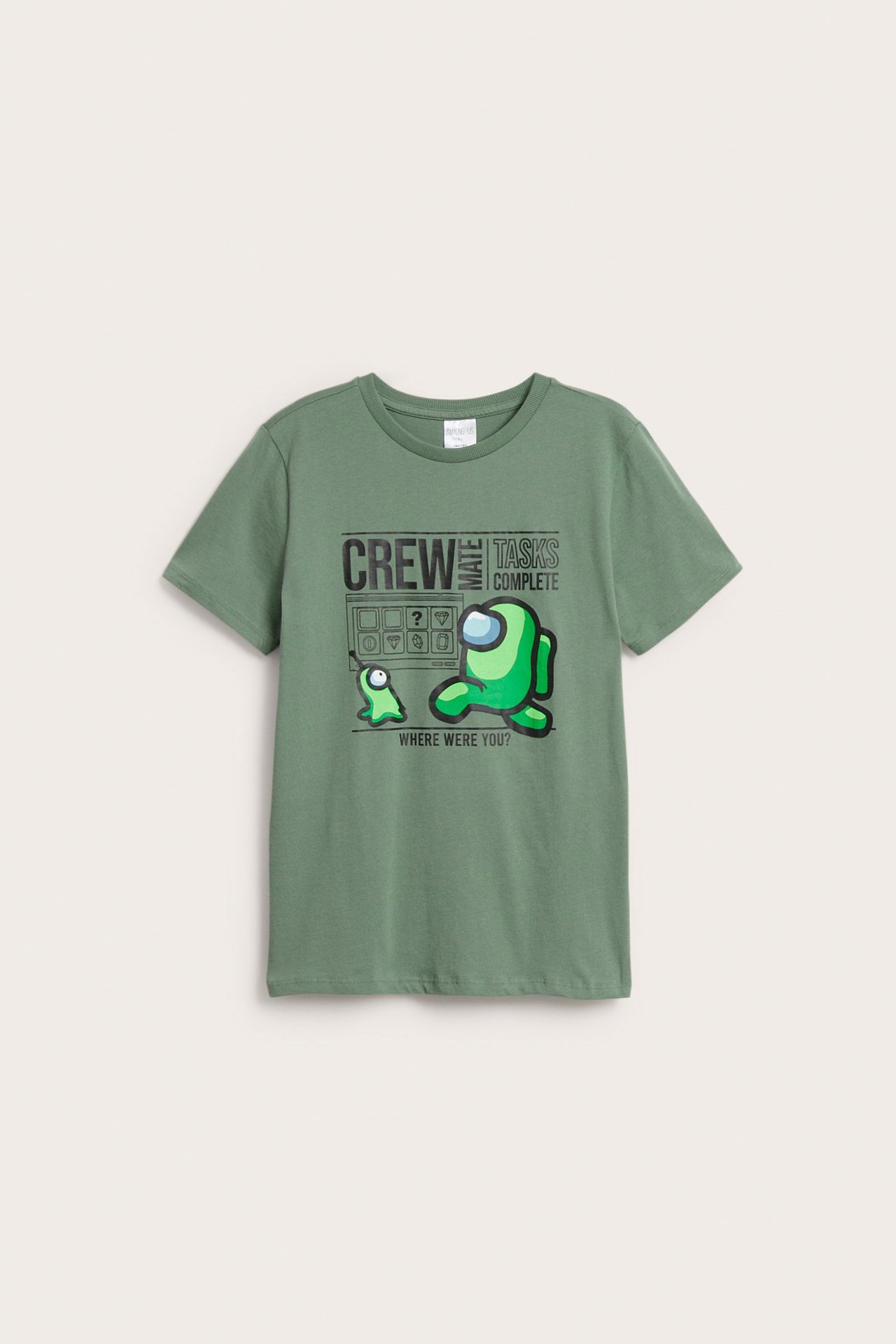 Edestä näkymä lasten vihreästä puuvilla T-paidasta, jossa on Among Us -printti.