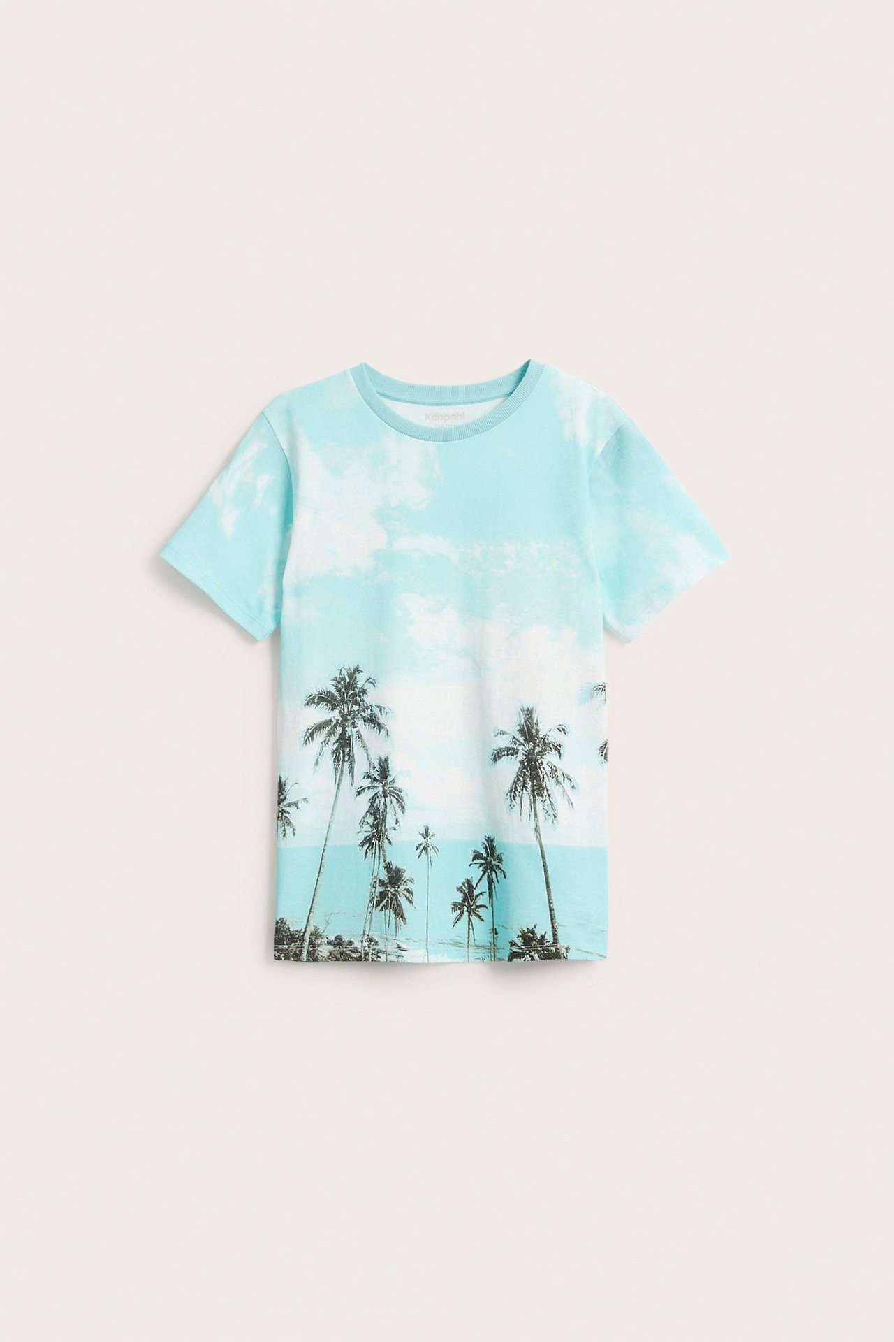 Edestä kuvattu lasten vaaleansininen puuvillainen t-paita trooppisella palmu- ja rantaprintillä.