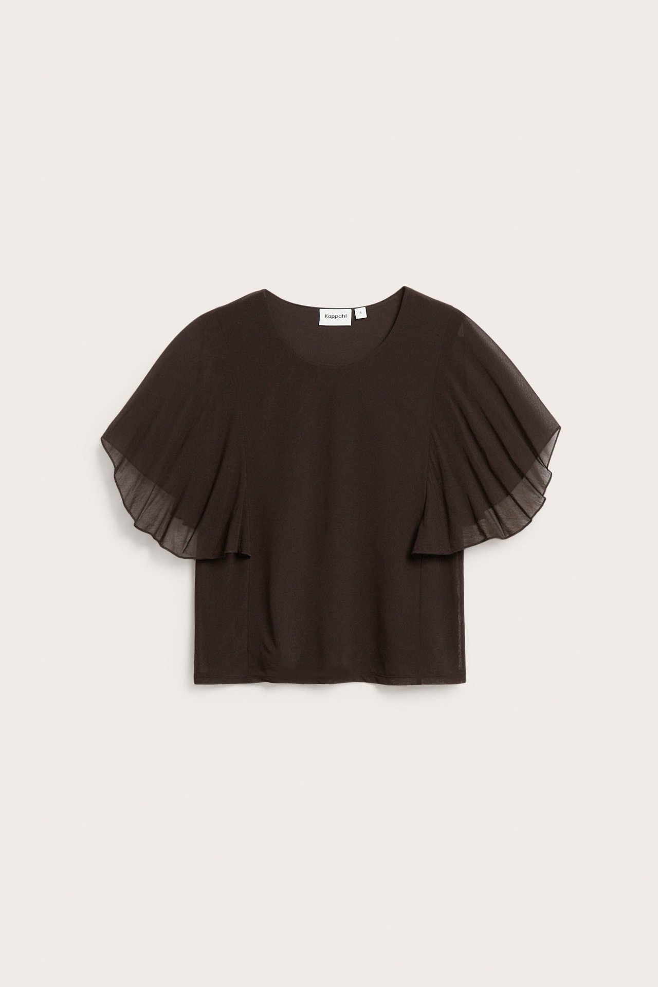 Frontvisning av en mørkebrun topp med rund hals og korte, vide, gjennomsiktige engleermer.