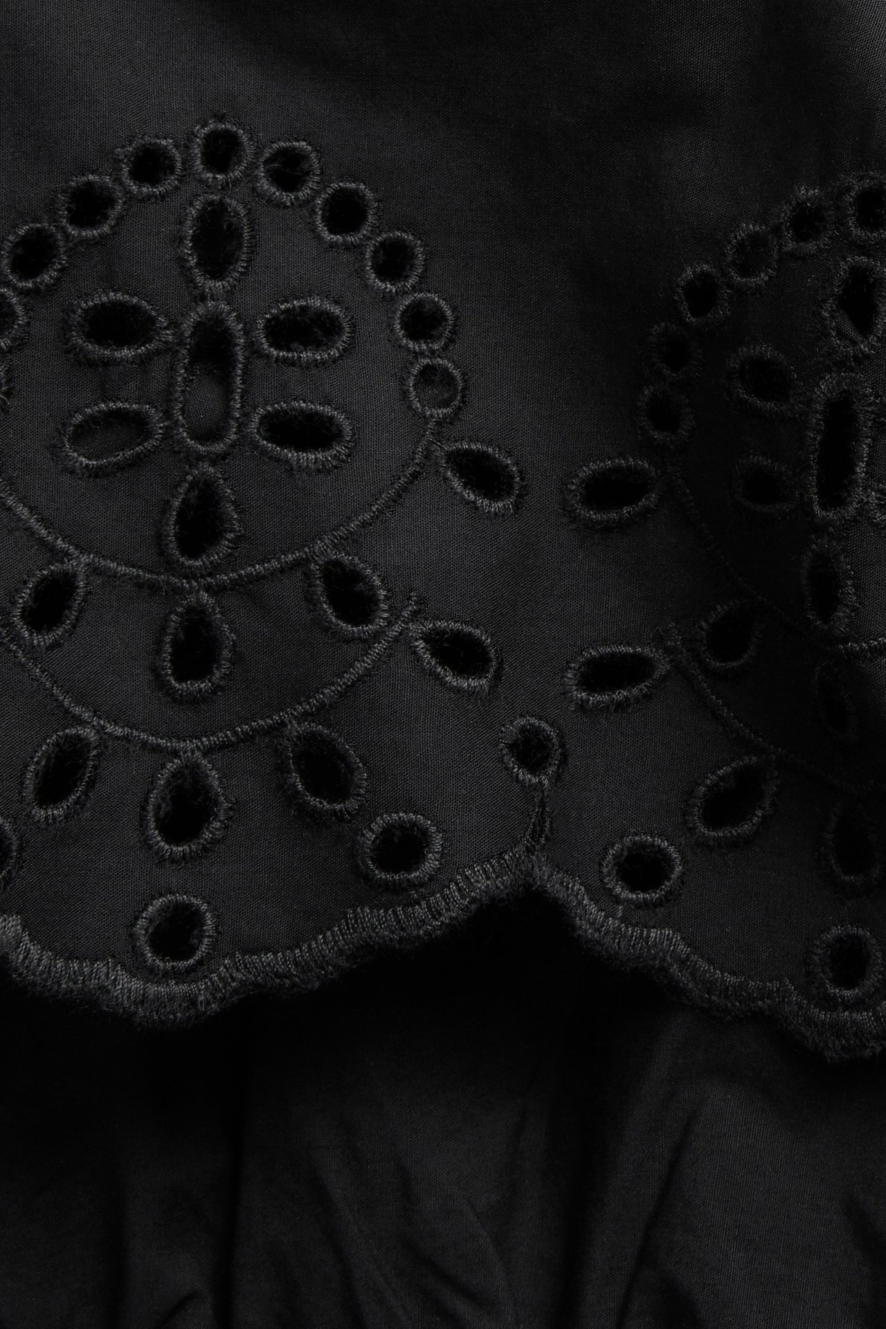 Nærbilde av svarte bomullspoplinshorts med dekorativ broderie Anglais-kant nederst.