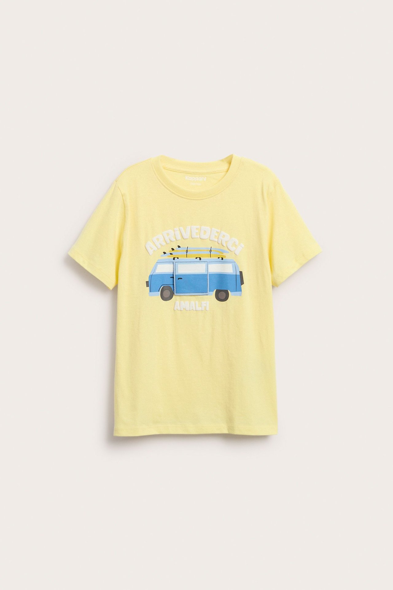 Framifrån, gul oversize t-shirt i bomull för barn med blått van- och texttryck.