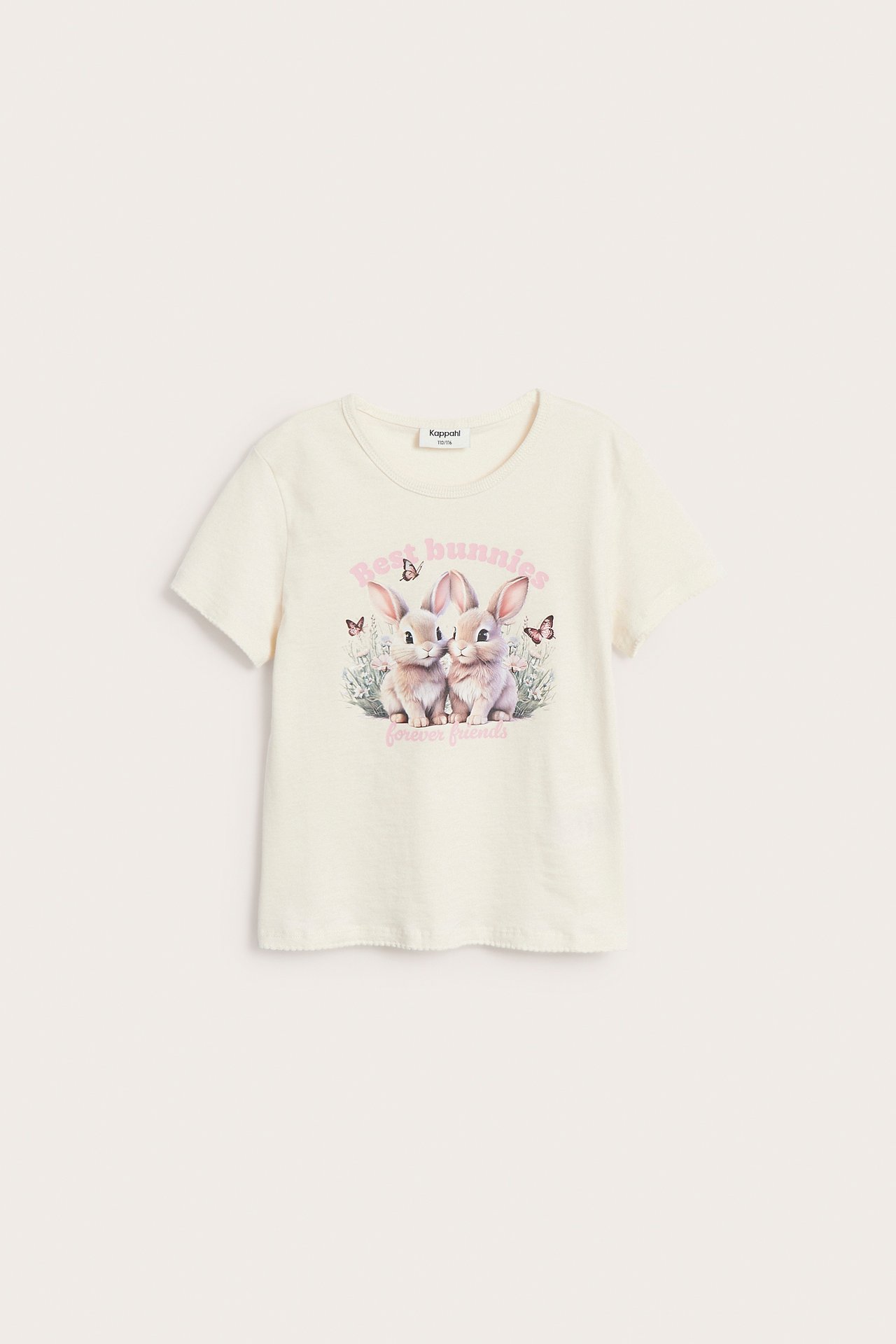 Framsida på en offwhite T-shirt i mjuk bomullstrikå med sött kanintryck.