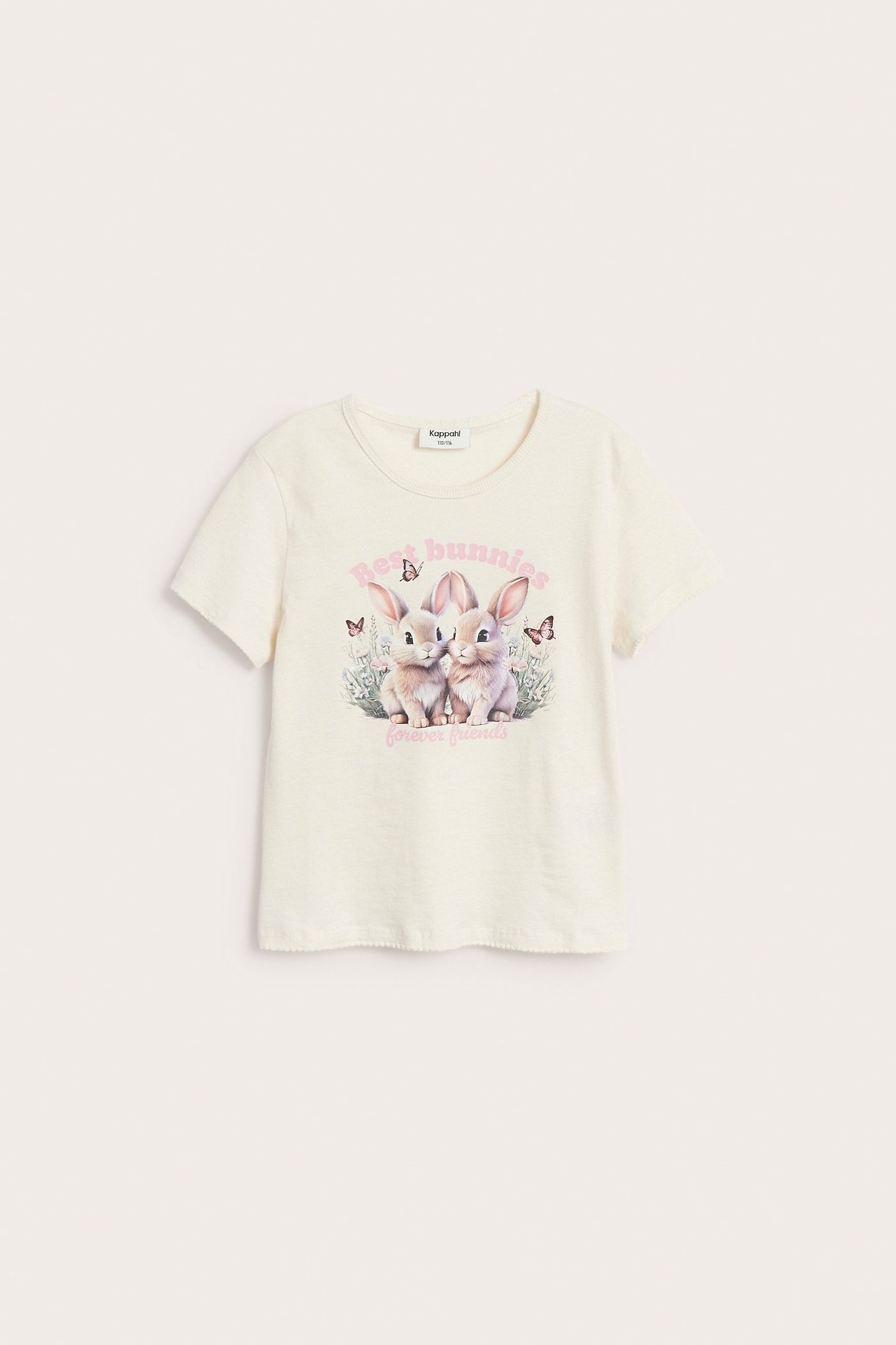 Edestäpäin: luonnonvalkoinen pehmeä puuvillatrikoinen T-paita söpöllä pupupainatuksella.