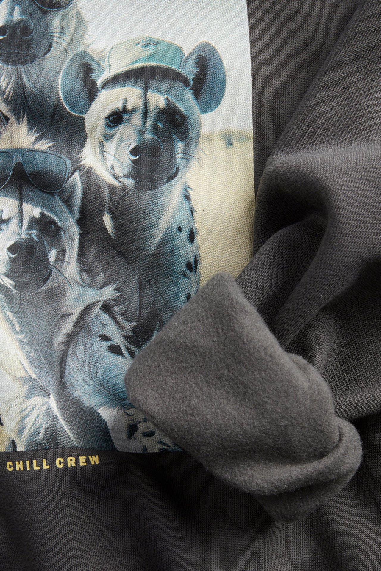 Närbild framifrån på svart sweatshirt i bomullsblandning med borstad insida och stort hyenatryck.