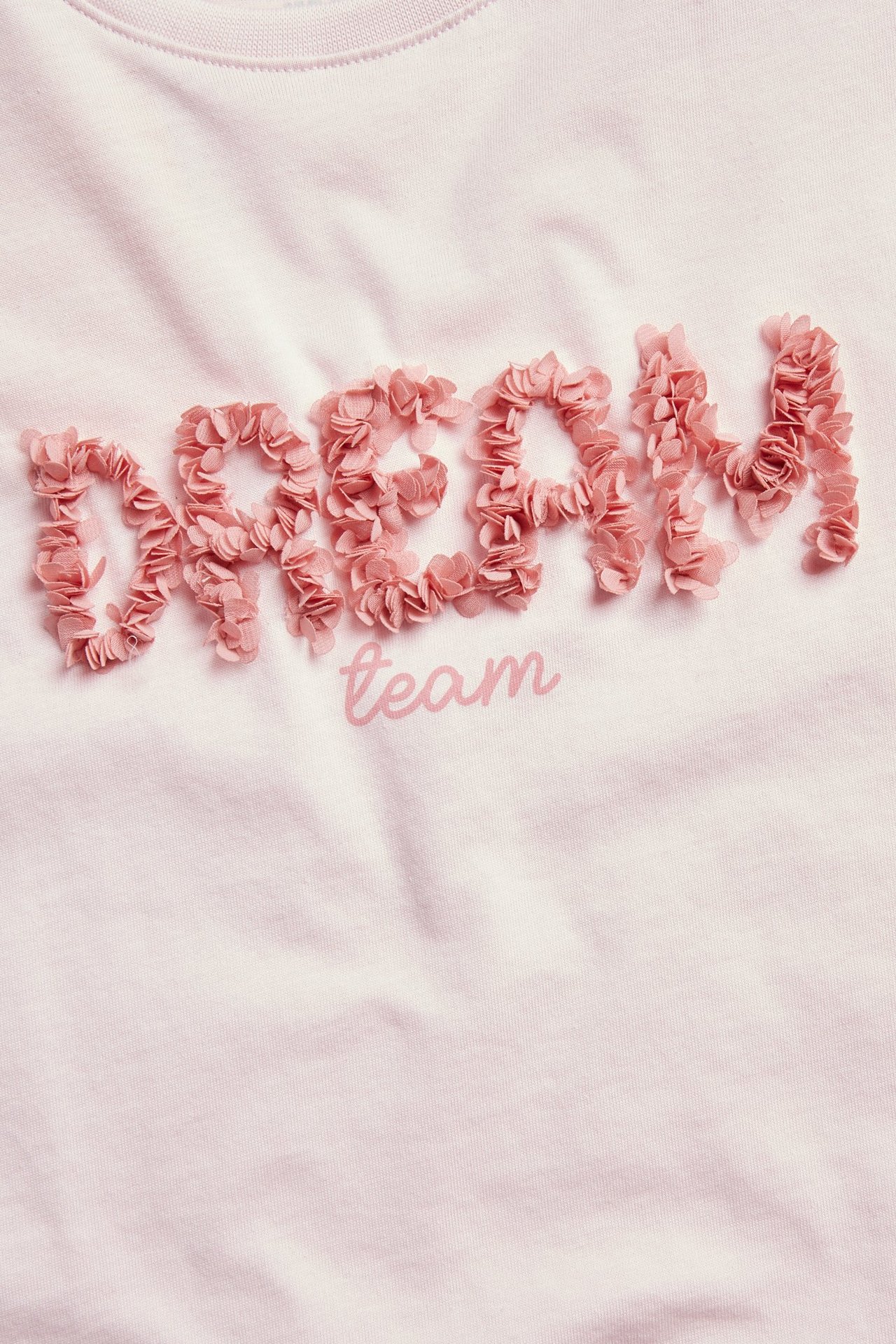 Närbild framifrån på en ljusrosa bomulls-t-shirt med 3D-applikation av rosa nät som bildar texten 'DREAM team'.