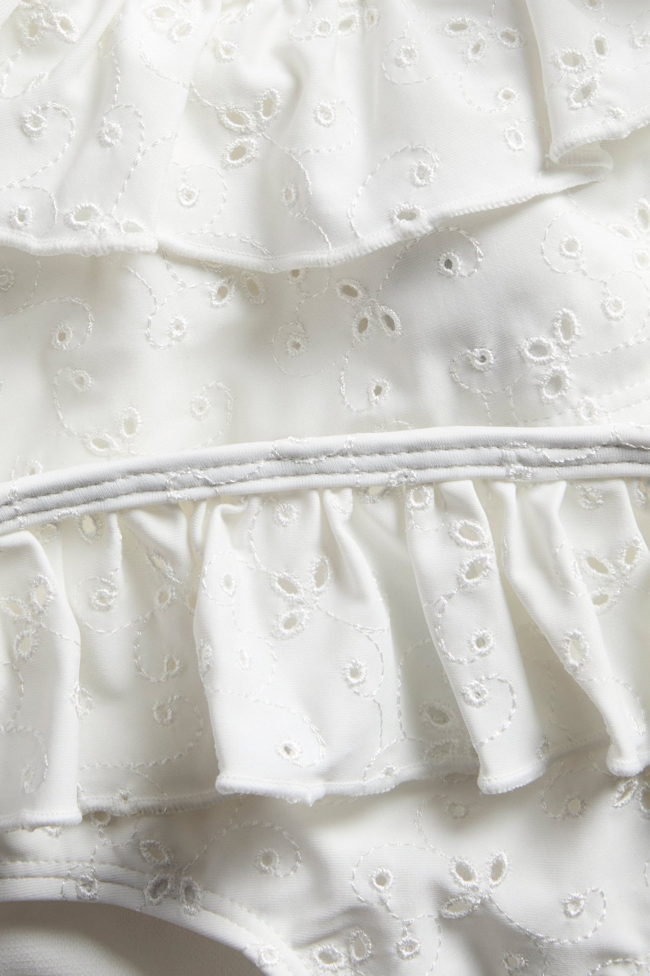 Närbild av en offwhite bikini med volanger och ett broderat hålmönster över hela.