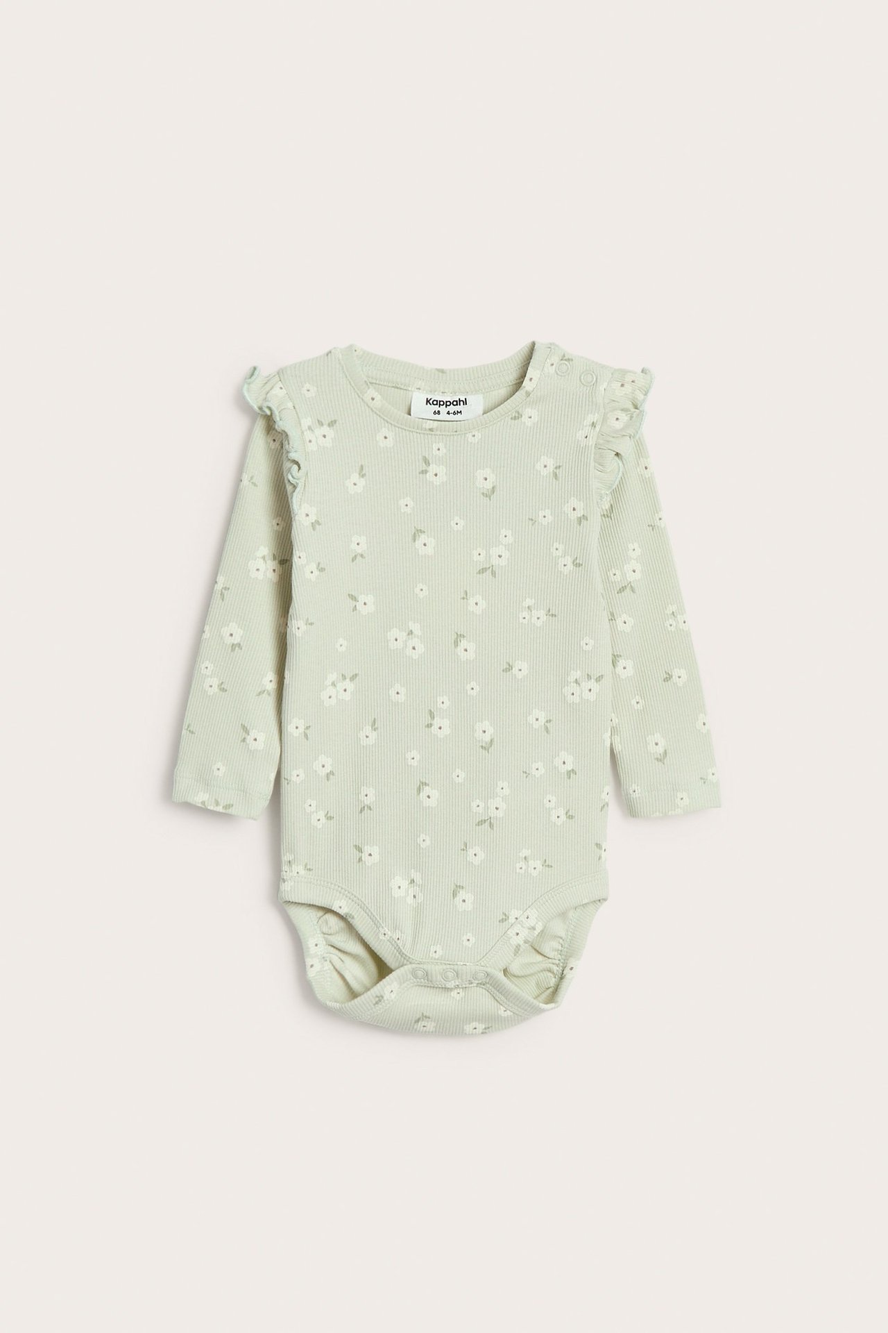 Edestä, vaaleanvihreä ribattu vauvan body olkarypyillä ja valkoisella kukkakuviolla, nepparit.