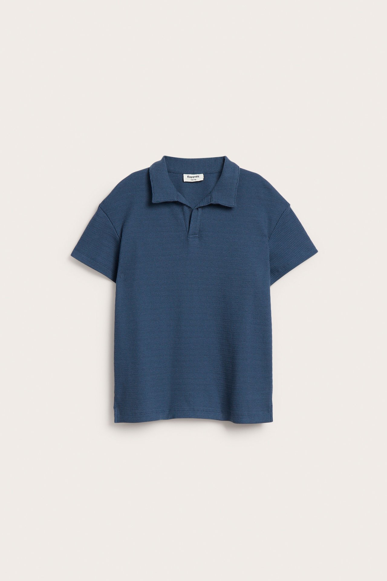 Framifrån, en blå, avslappnad pikétröja i strukturstickad bomull med V-ringning.