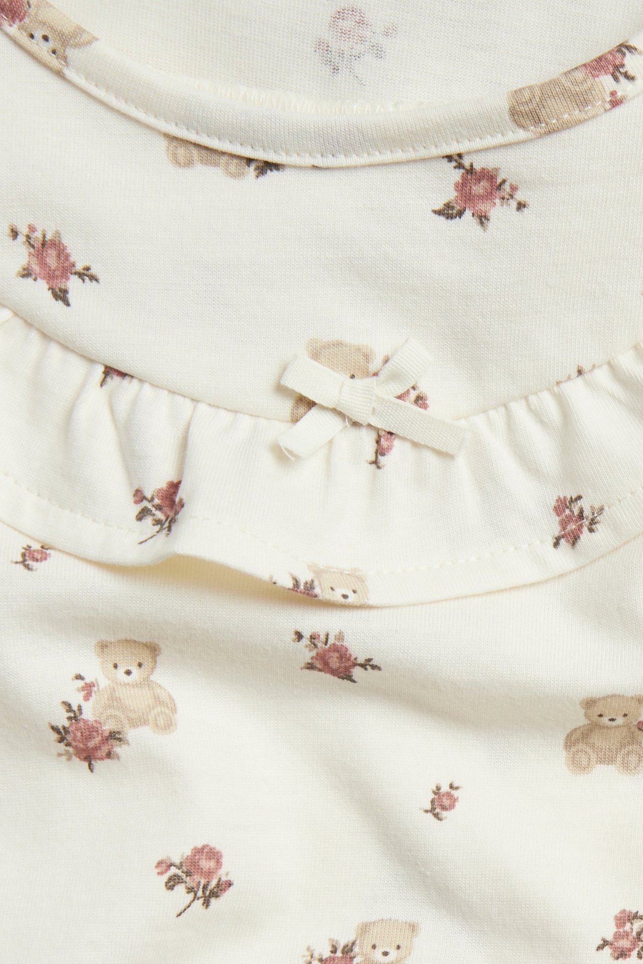 Zbliżenie: bawełniana koszula nocna w kolorze écru z motywem misia i róży, z kokardką i falbanką.
