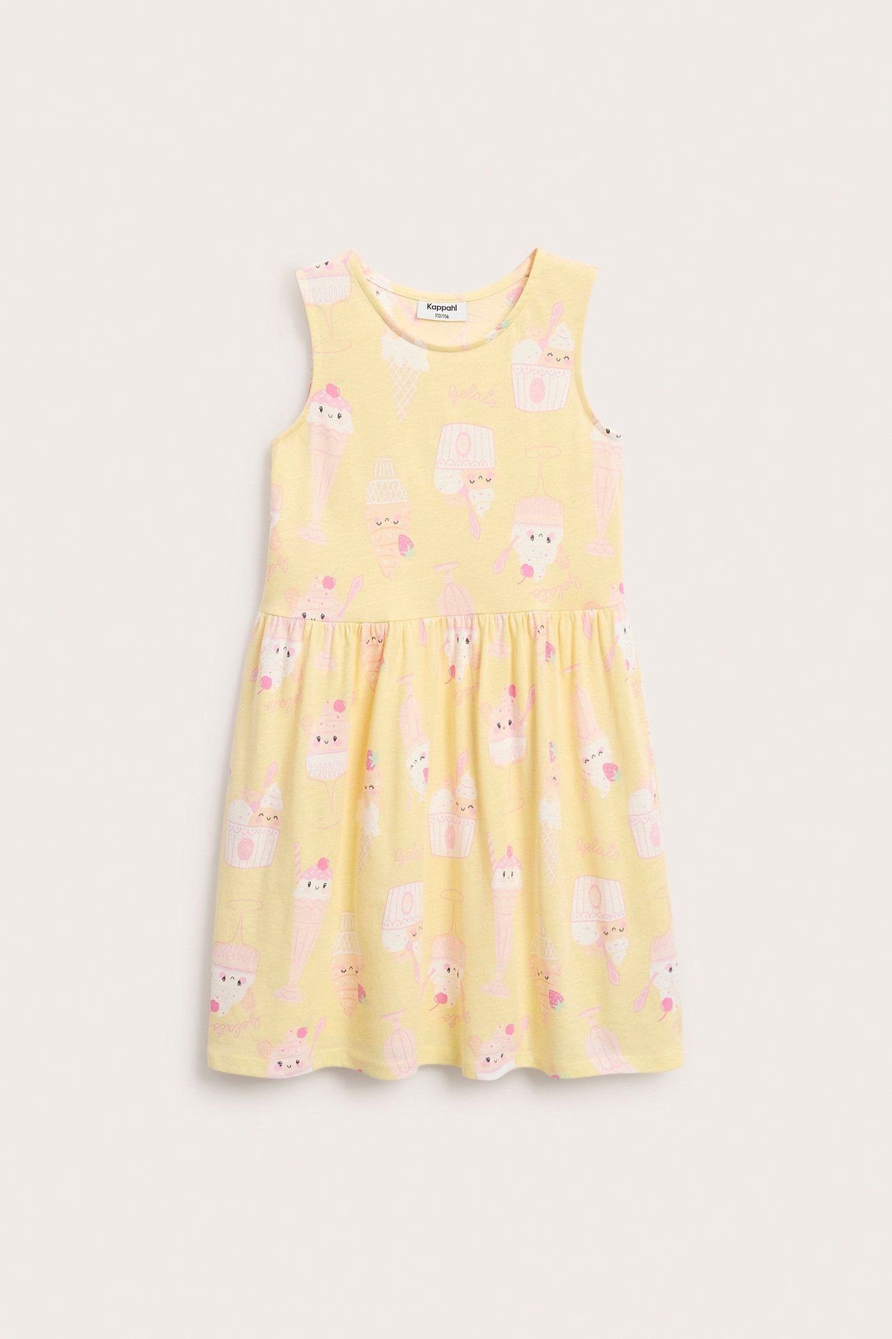 Przód żółtej, bawełnianej sukienki dziecięcej bez rękawów z różowym wzorem lodów.