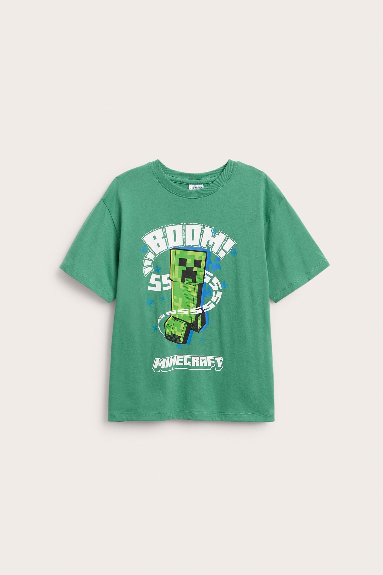 Edestä, lasten vihreä oversize-T-paita puuvillatrikoosta Minecraft Creeper -printillä.