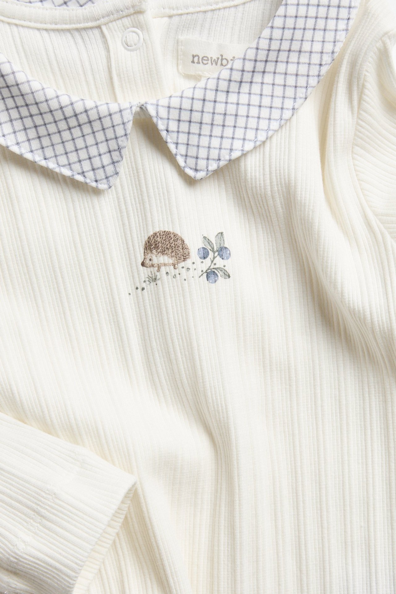 Zbliżenie przodu: ecru prążkowane body niemowlęce z długim rękawem, kołnierzykiem w kratkę i nadrukiem jeża.
