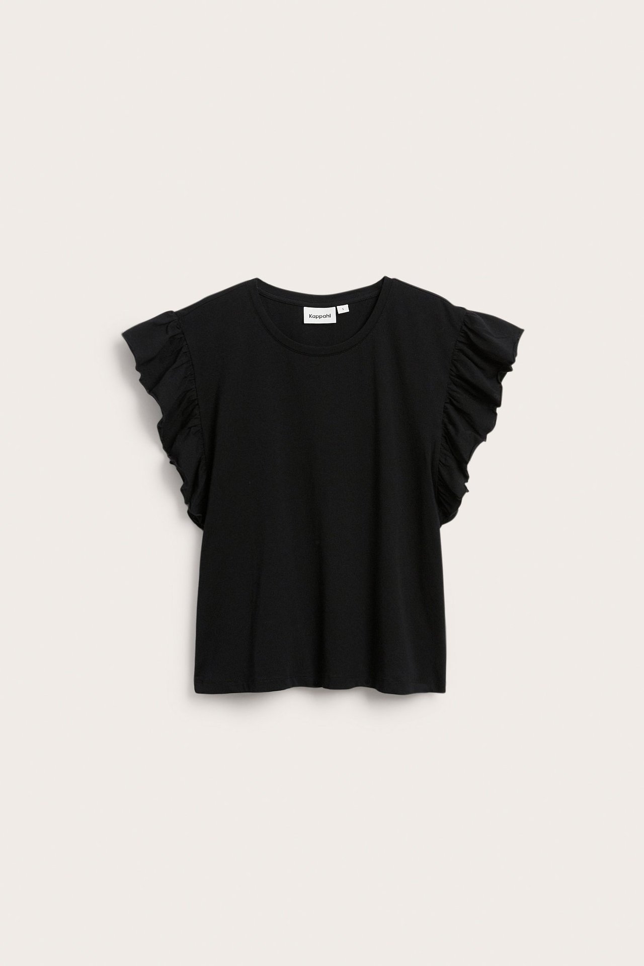 Framifrån: svart kortärmad topp i bomullsjersey med volangärmar.