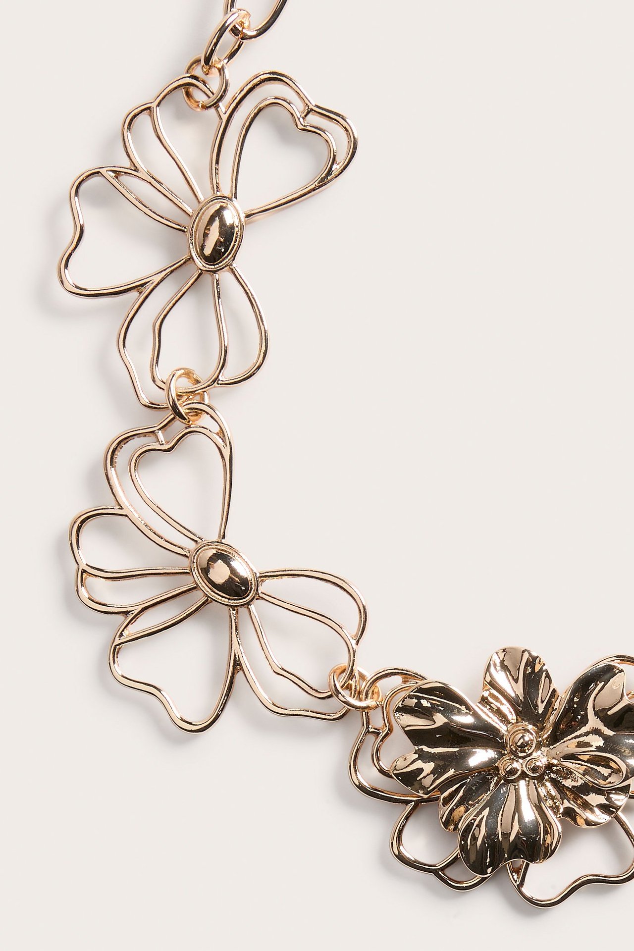 Lähikuva kultametallikaulakorusta, jossa on linkitetyt avoimet ja kohokuvioidut kukkakuviot.