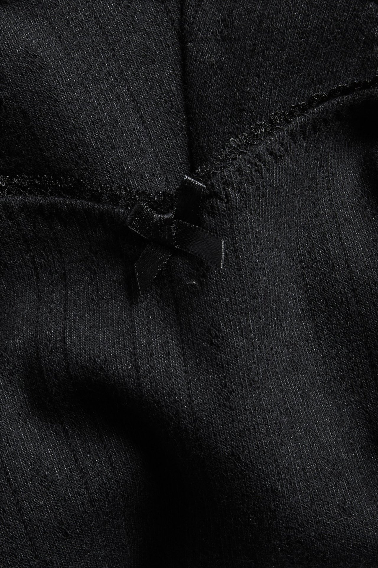 Närbild av svarta ribbade mammatrosor i brazilianmodell med en liten svart rosett.