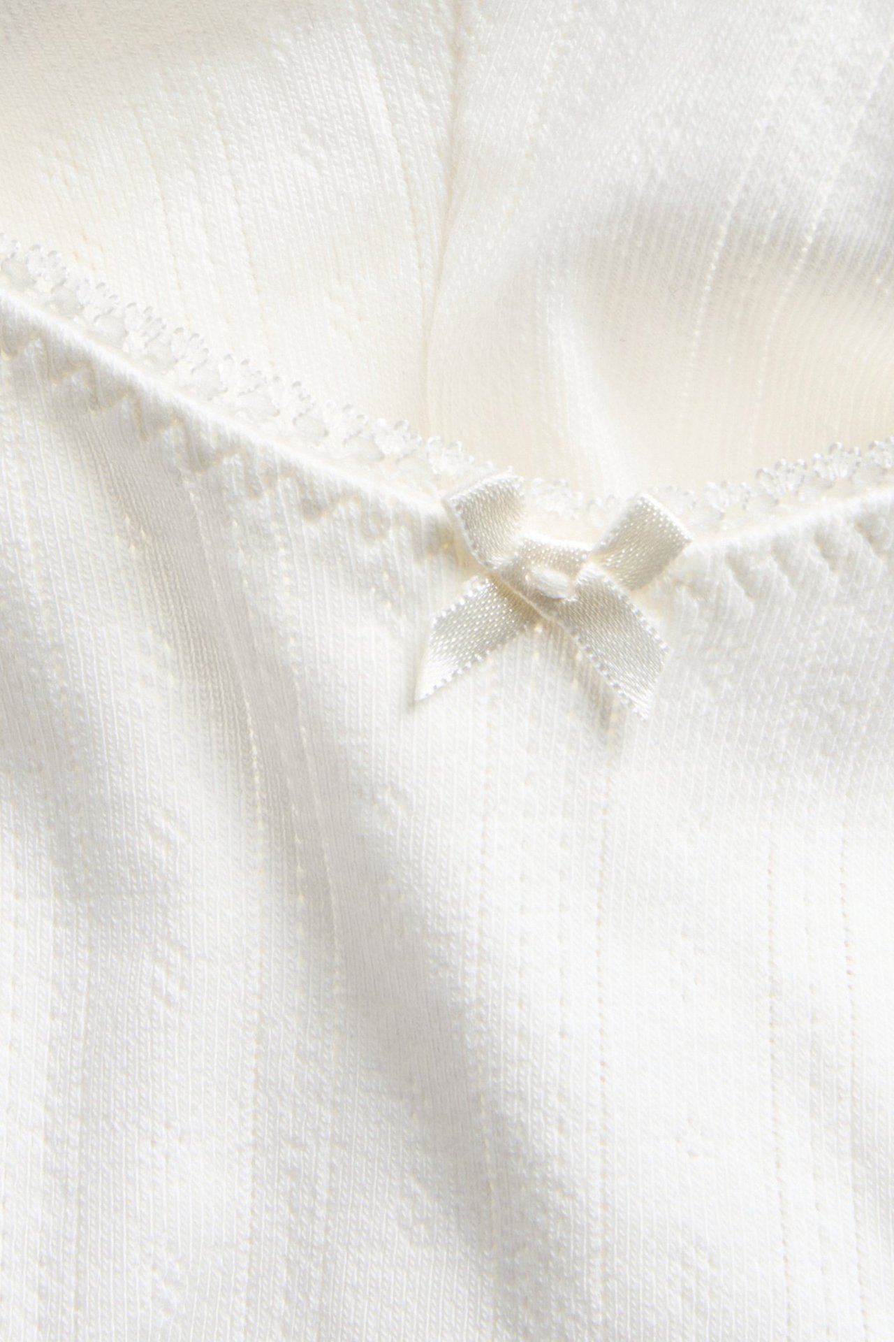 Zbliżenie na off-white majtki ciążowe brazilian z prążkowaną teksturą, falistym brzegiem i małą kokardką.