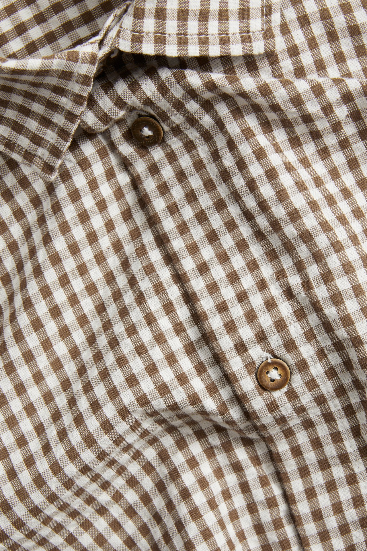 Zbliżenie męskiej koszuli z jasnobrązowej i białej bawełny w kratę, z widocznymi guzikami.