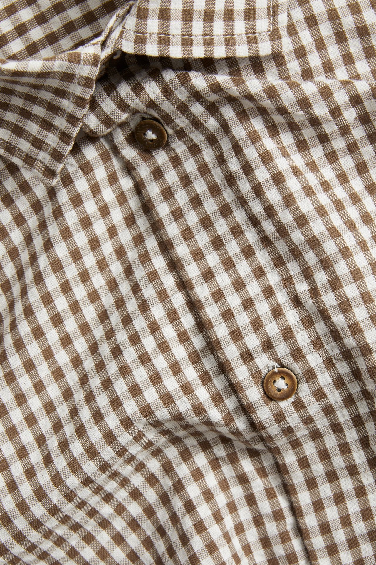 Zbliżenie męskiej koszuli z jasnobrązowej i białej bawełny w kratę, z widocznymi guzikami.