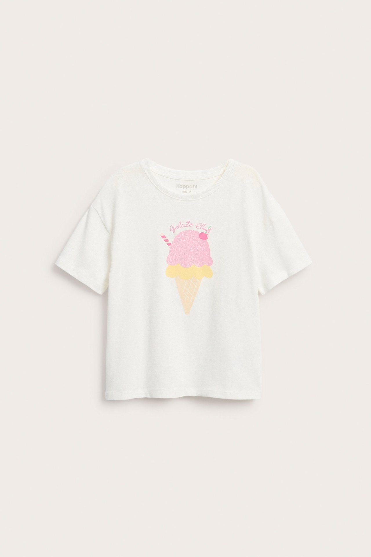 Edestäpäin: valkoinen lyhythihainen lasten T-paita vaaleanpunaisella ja keltaisella glitterjäätelöprintillä.