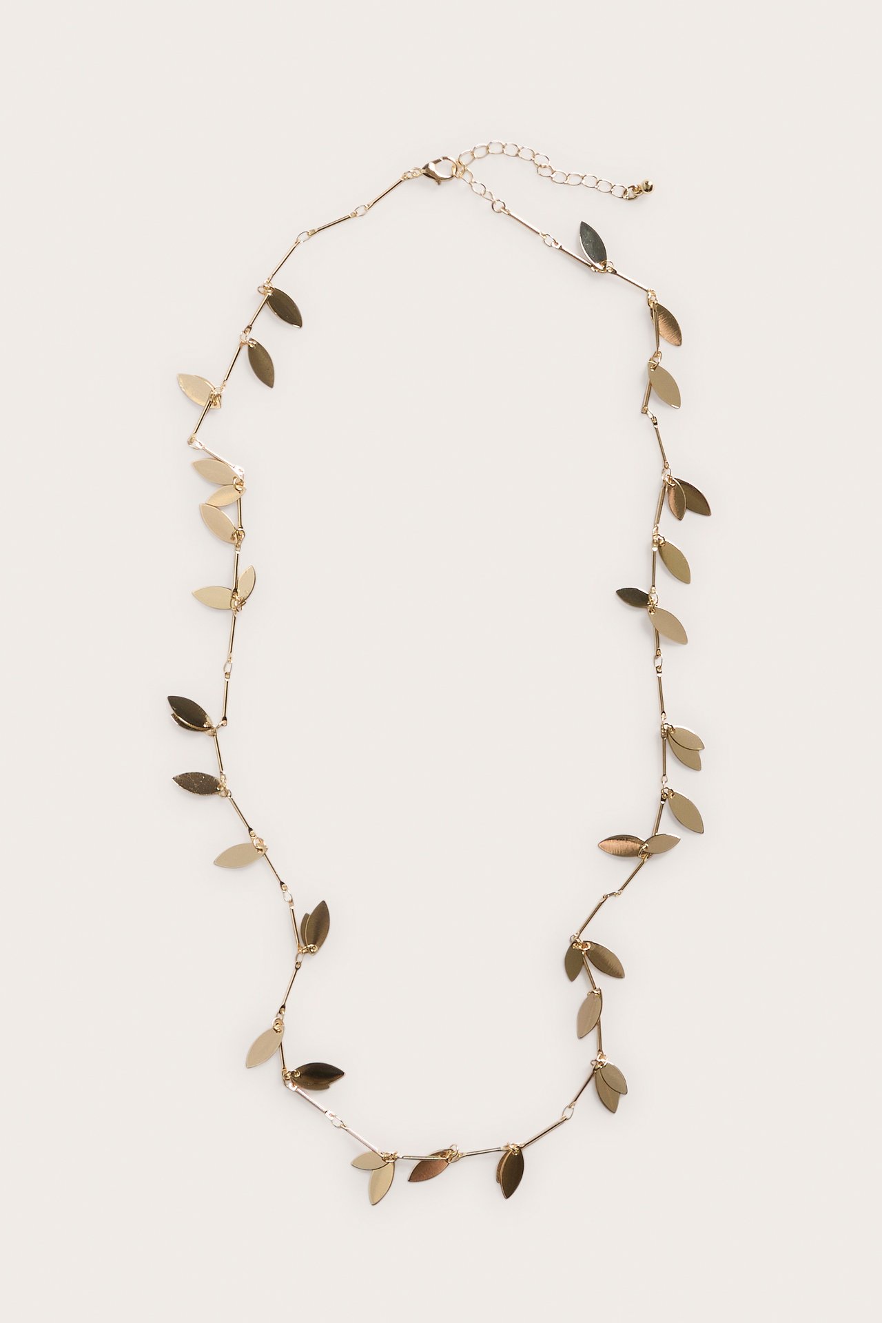 Ovanifrån, ett långt guldhalsband i metall med små bladformade detaljer och justerbart spänne.